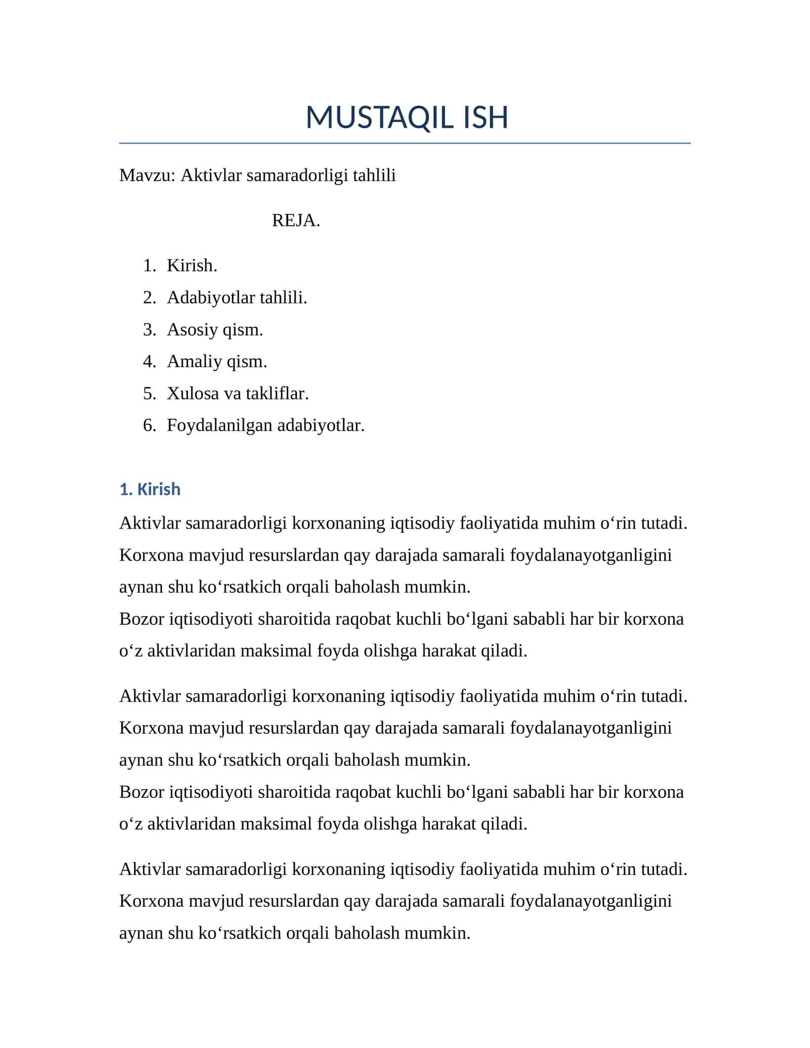 Aktivlar samaradorligi tahlili 1