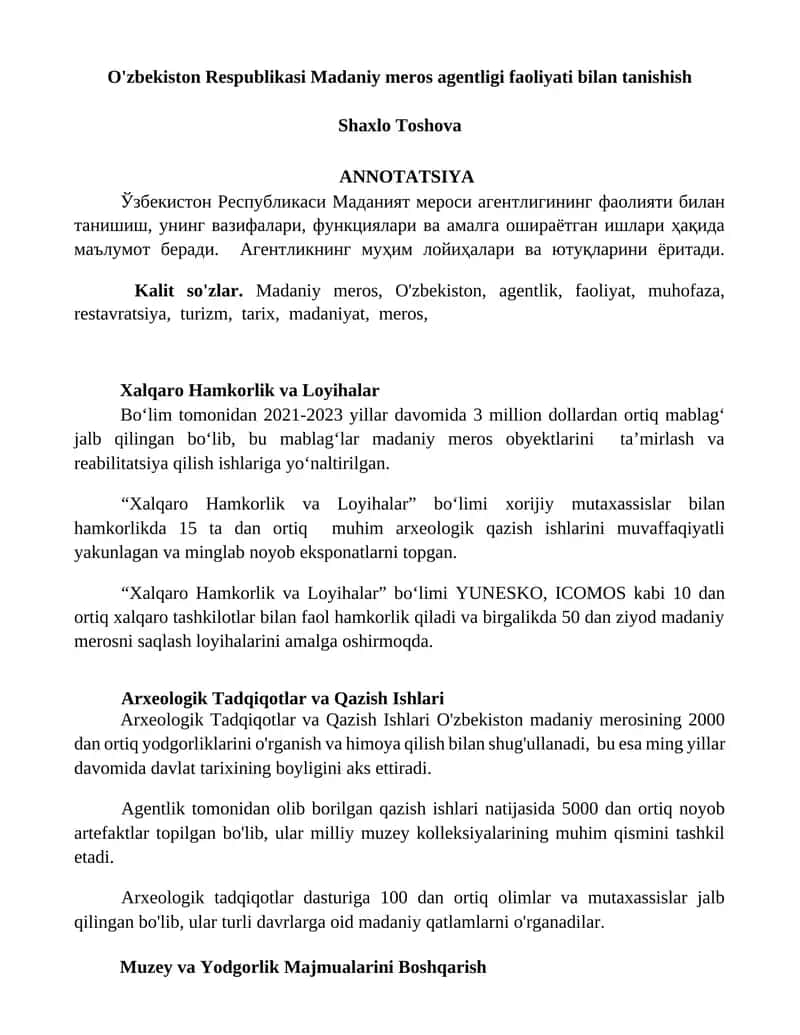 O'zbekiston Respublikasi Madaniy meros agentligi faoliyati bilan tanishish 1