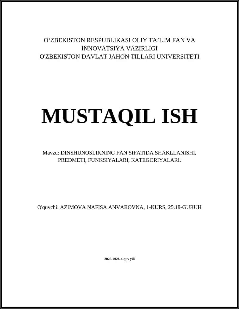 DINSHUNOSLIKNING FAN SIFATIDA SHAKLLANISHI, PREDMETI, FUNKSIYALARI, KATEGORIYALARI 1