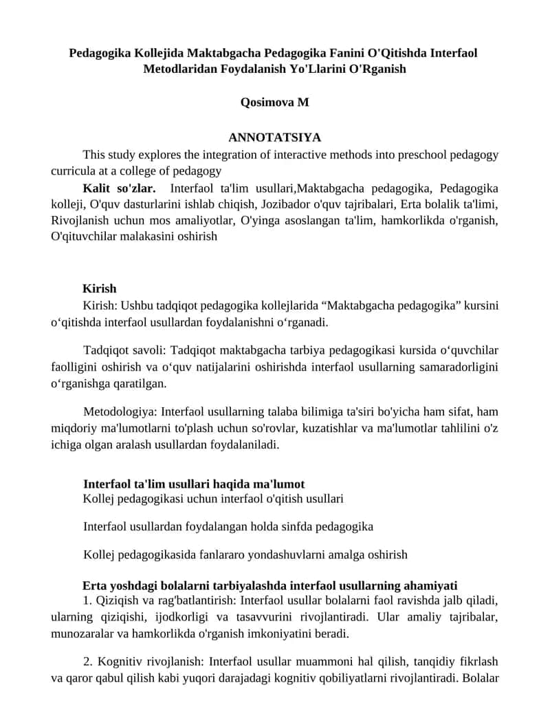 Pedagogika Kollejida Maktabgacha Pedagogika Fanini O'Qitishda Interfaol Metodlaridan Foydalanish Yo'Llarini O'Rganish 1