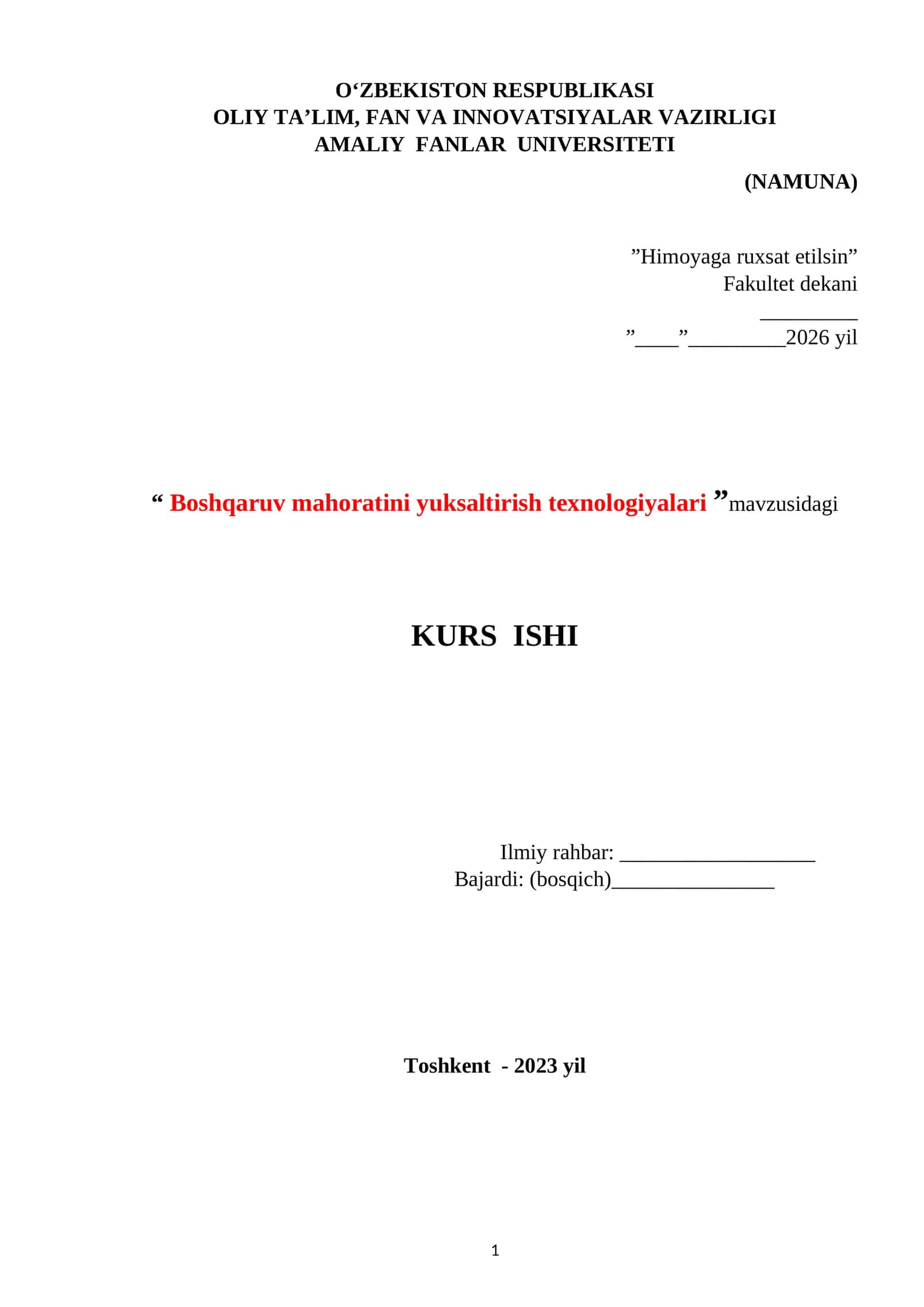 Boshqaruv mahoratini yuksaltirish texnologiyalari KURS ISHI 1