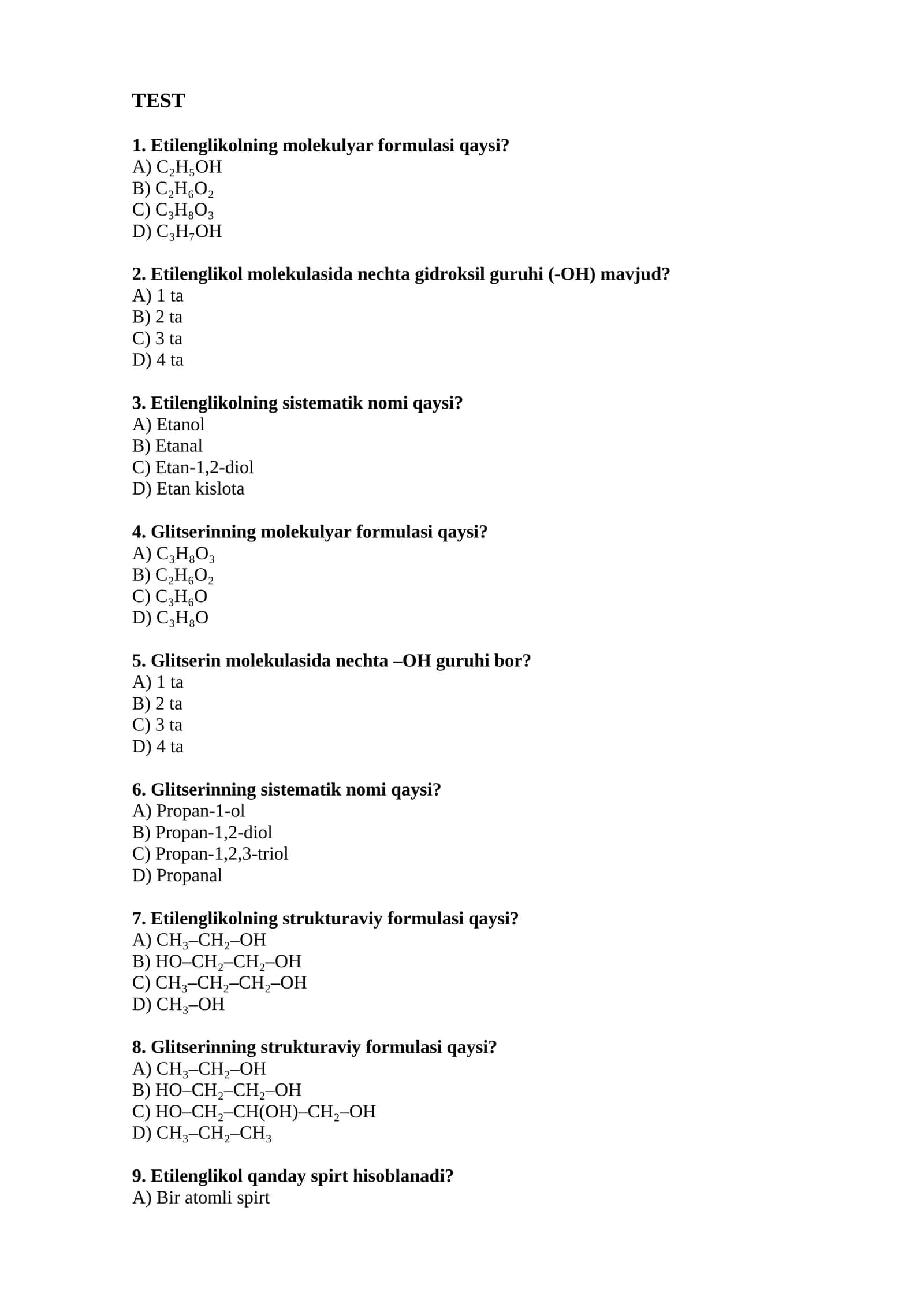 Etilenglikol va Glitserin haqida test savollari 1