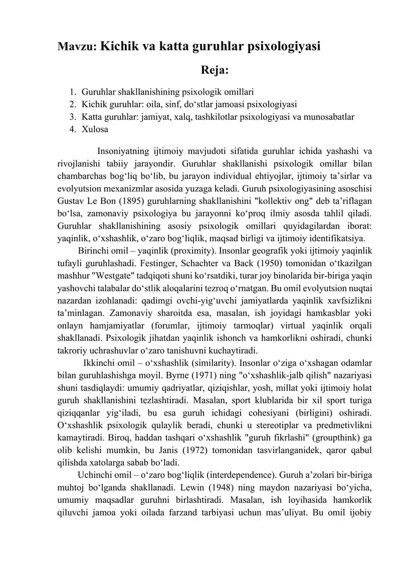 Kichik va katta guruhlar psixologiyasi 1