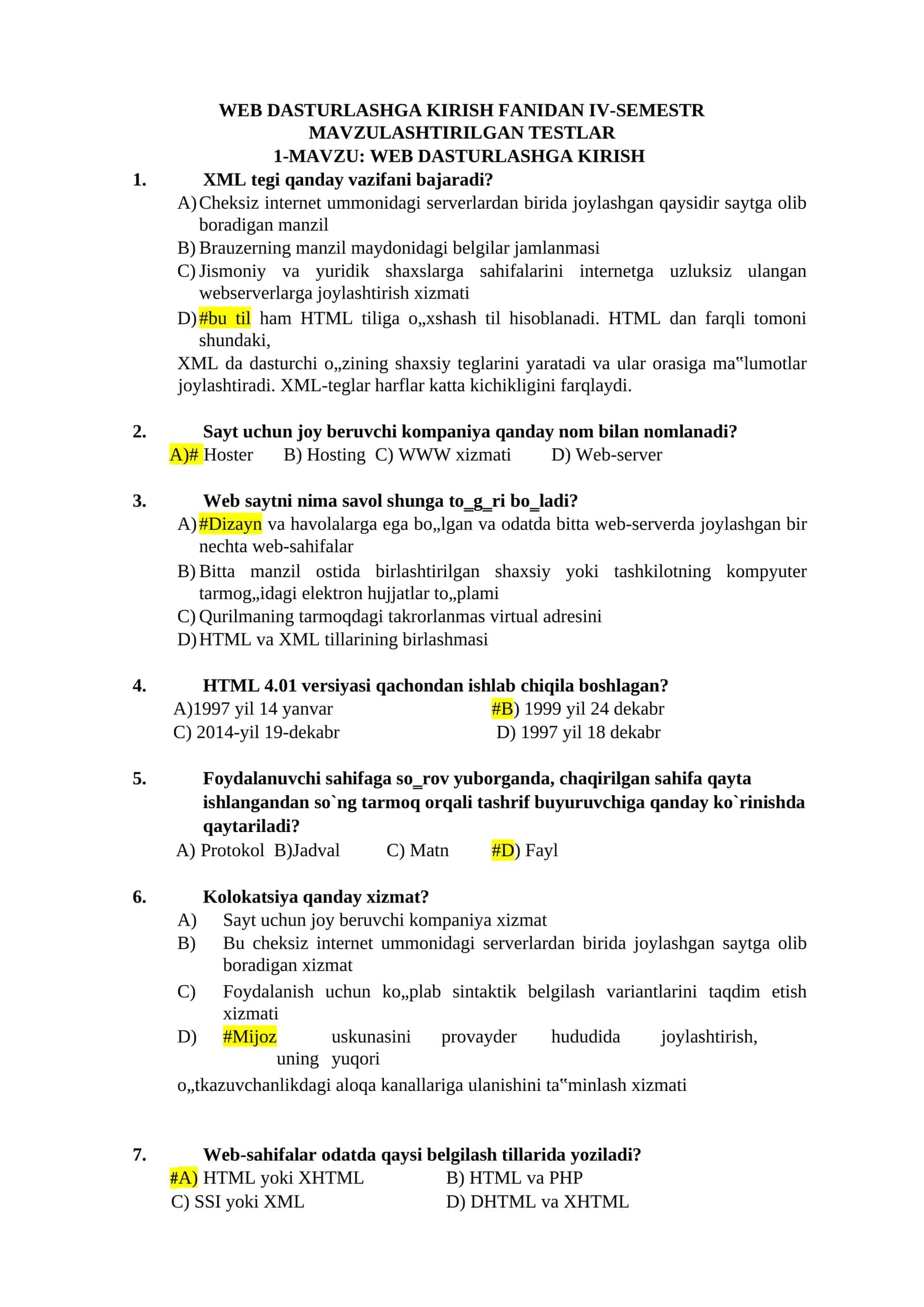 WEB DASTURLASHGA KIRISH FANIDAN IV-SEMESTR MAVZULASHTIRILGAN TESTLAR 1