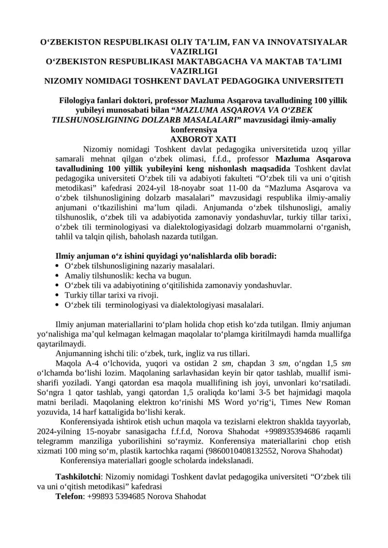 "MAZLUMA ASQAROVA VA O‘ZBEK TILSHUNOSLIGINING DOLZARB MASALARI" 1