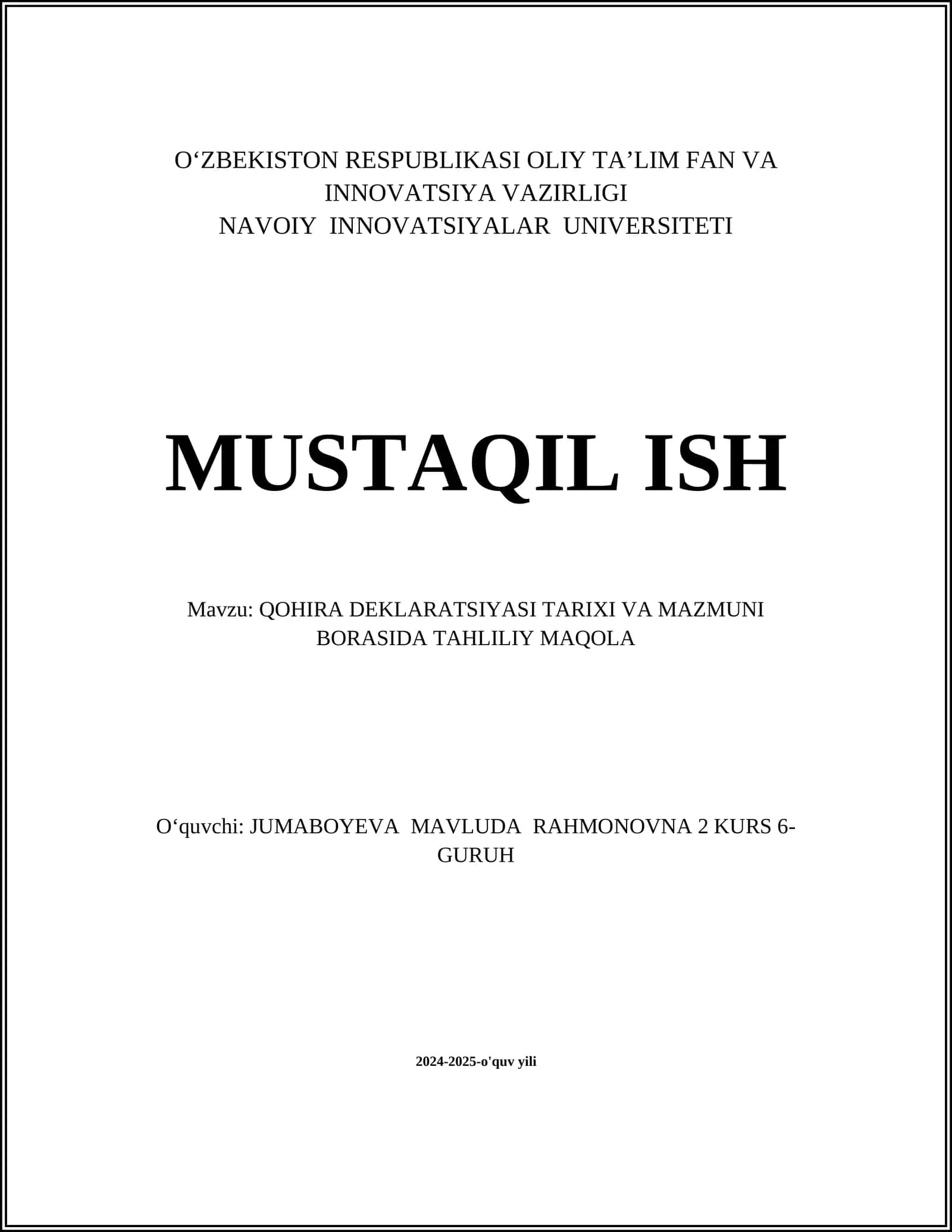 QOHIRA DEKLARATSIYASI TARIXI VA MAZMUNI BORASIDA TAHLILIY MAQOLA 1