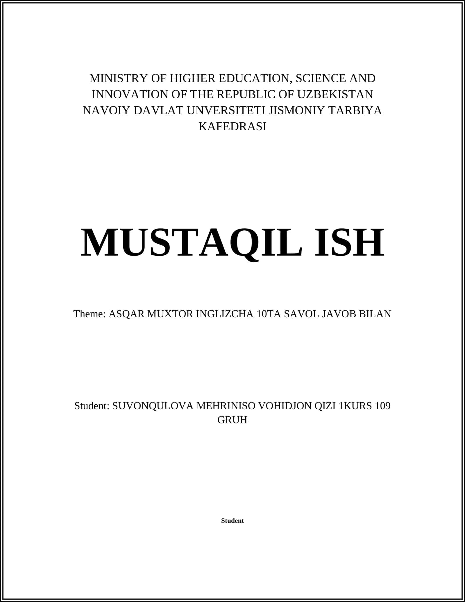 ASQAR MUXTOR INGLIZCHA 10TA SAVOL JAVOB BILAN 1