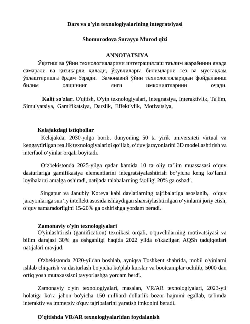 Dars va o'yin texnologiyalarining integratsiyasi 1