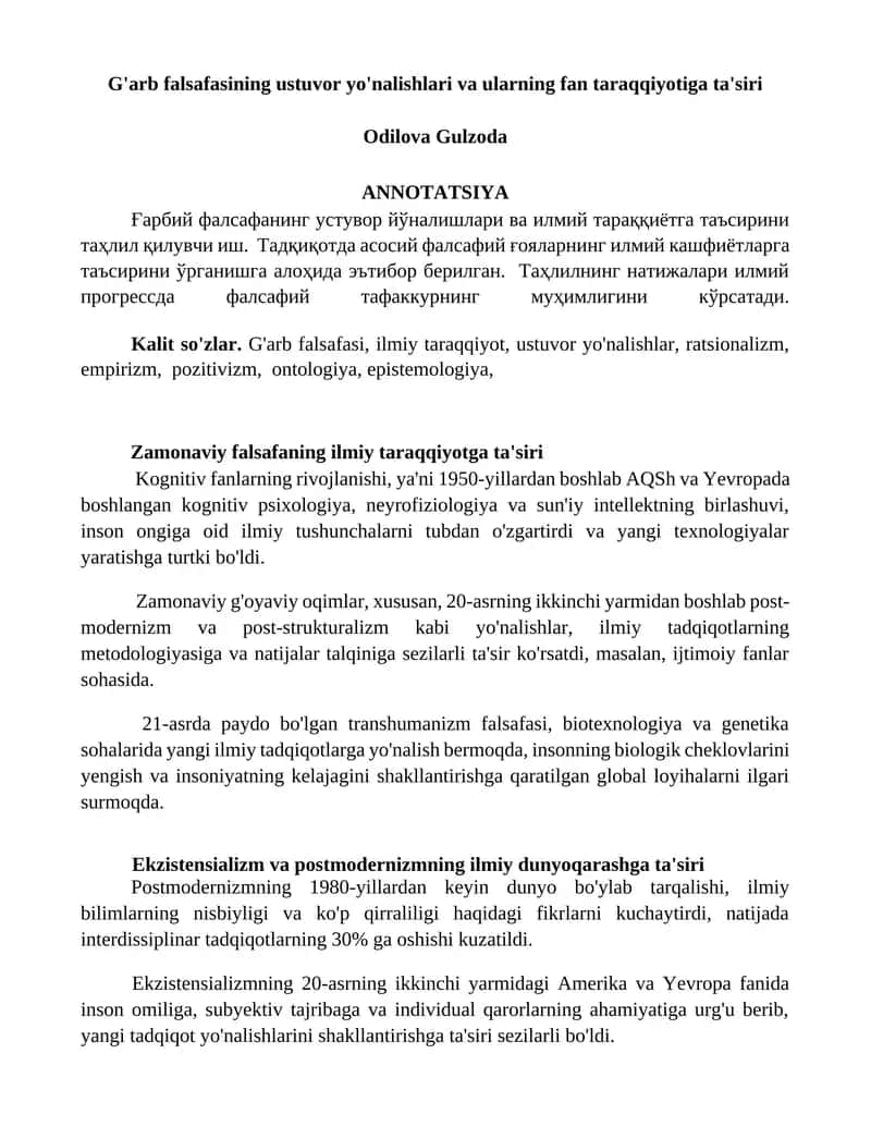 G'arb falsafasining ustuvor yo'nalishlari va ularning fan taraqqiyotiga ta'siri 1
