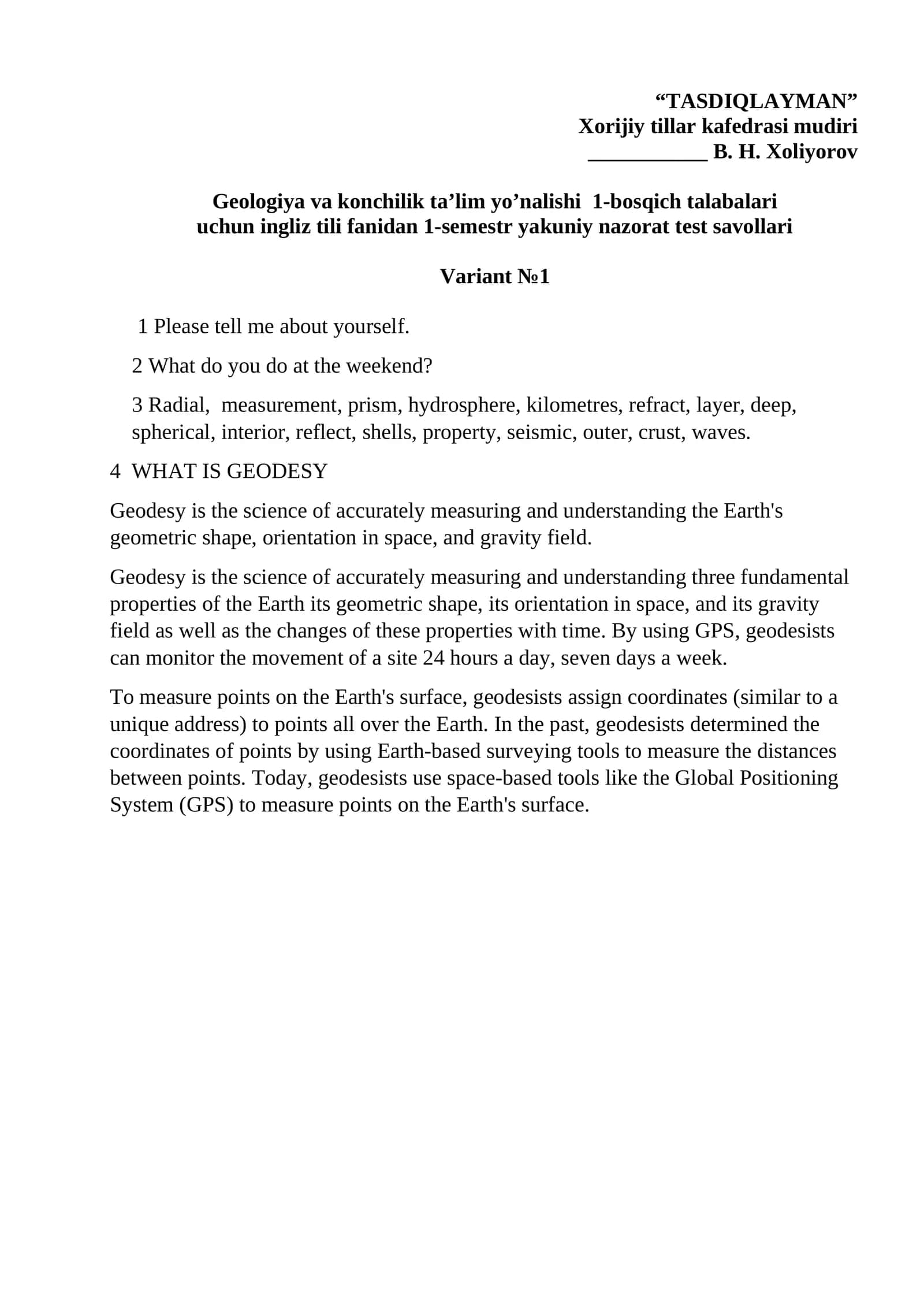 Geodesy Test Questions 1