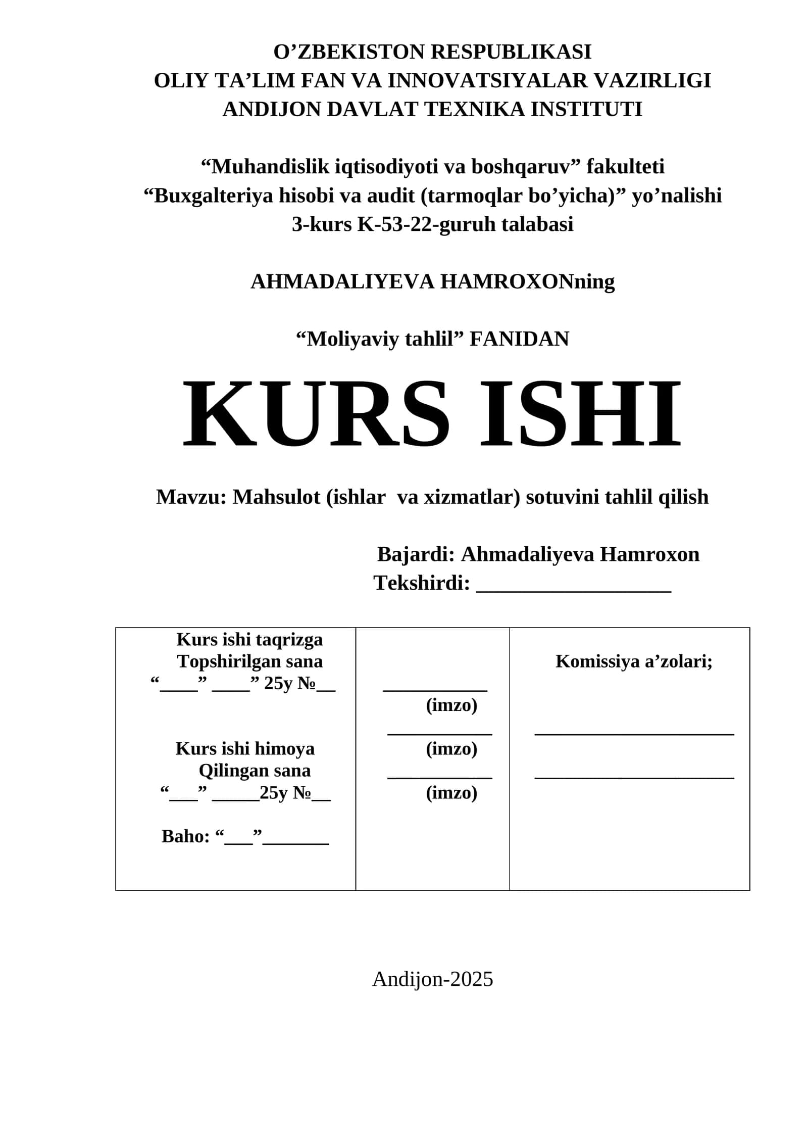 Mahsulot (ishlar va xizmatlar) sotuvini tahlil qilish 1
