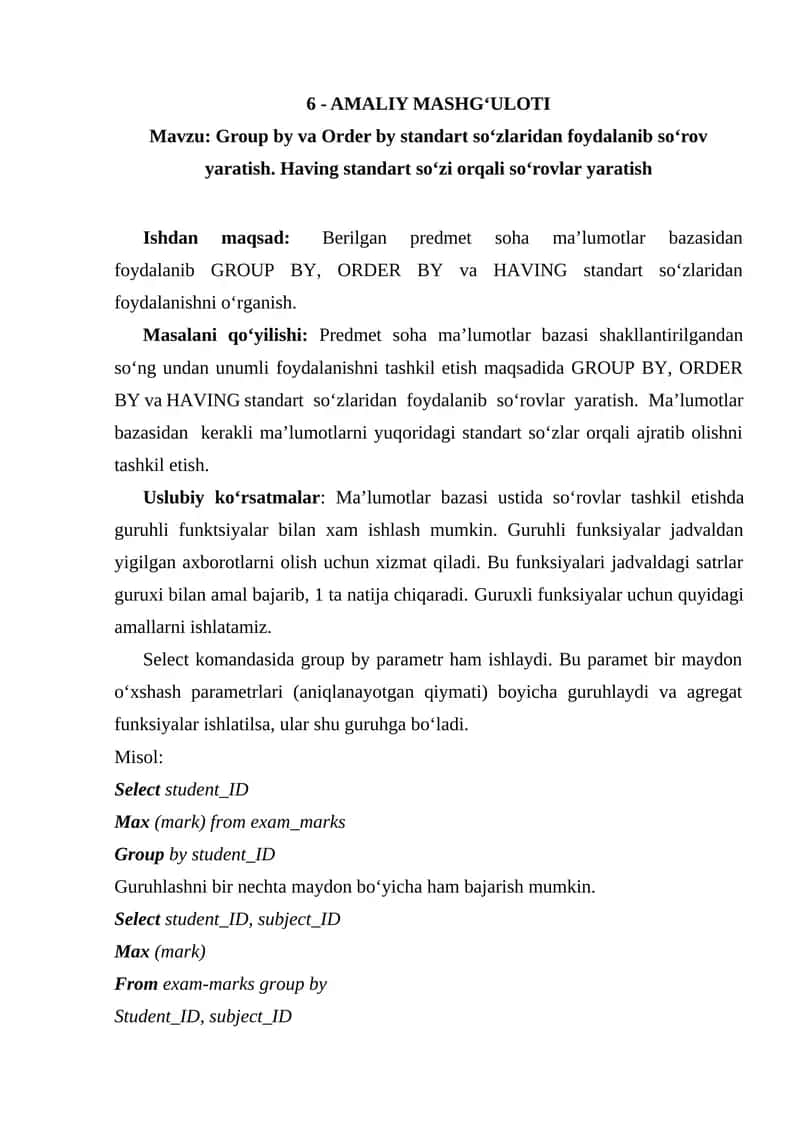 Group by , Order by AMALIY MASHG‘ULOTI 1