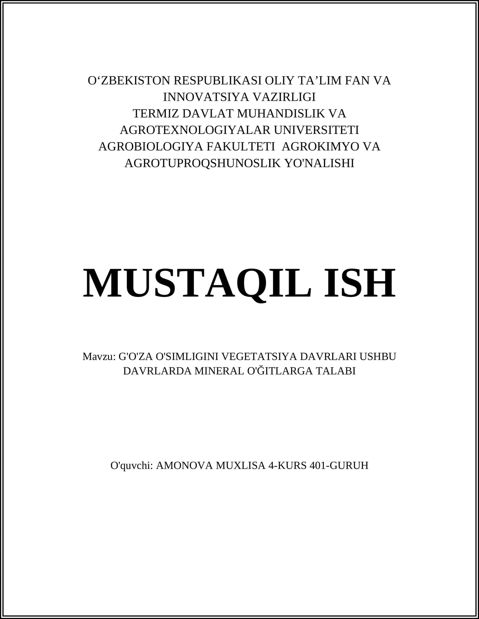G'O'ZA O'SIMLIGINI VEGETATSIYA DAVRLARI USHBU DAVRLARDA MINERAL O'ĞITLARGA TALABI 1