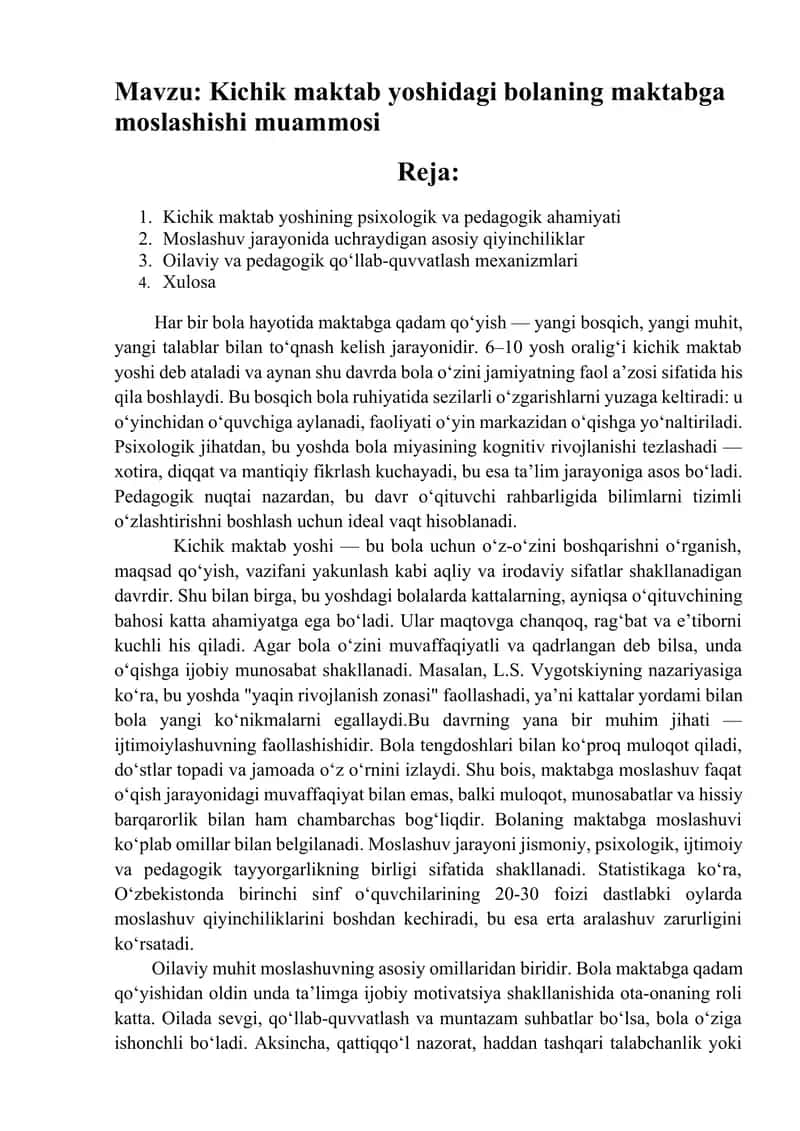 Kichik maktab yoshidagi bolaning maktabga moslashishi muammosi. 1