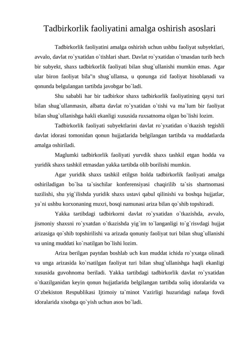 Tadbirkorlik faoliyatini amalga oshirish asoslari 1