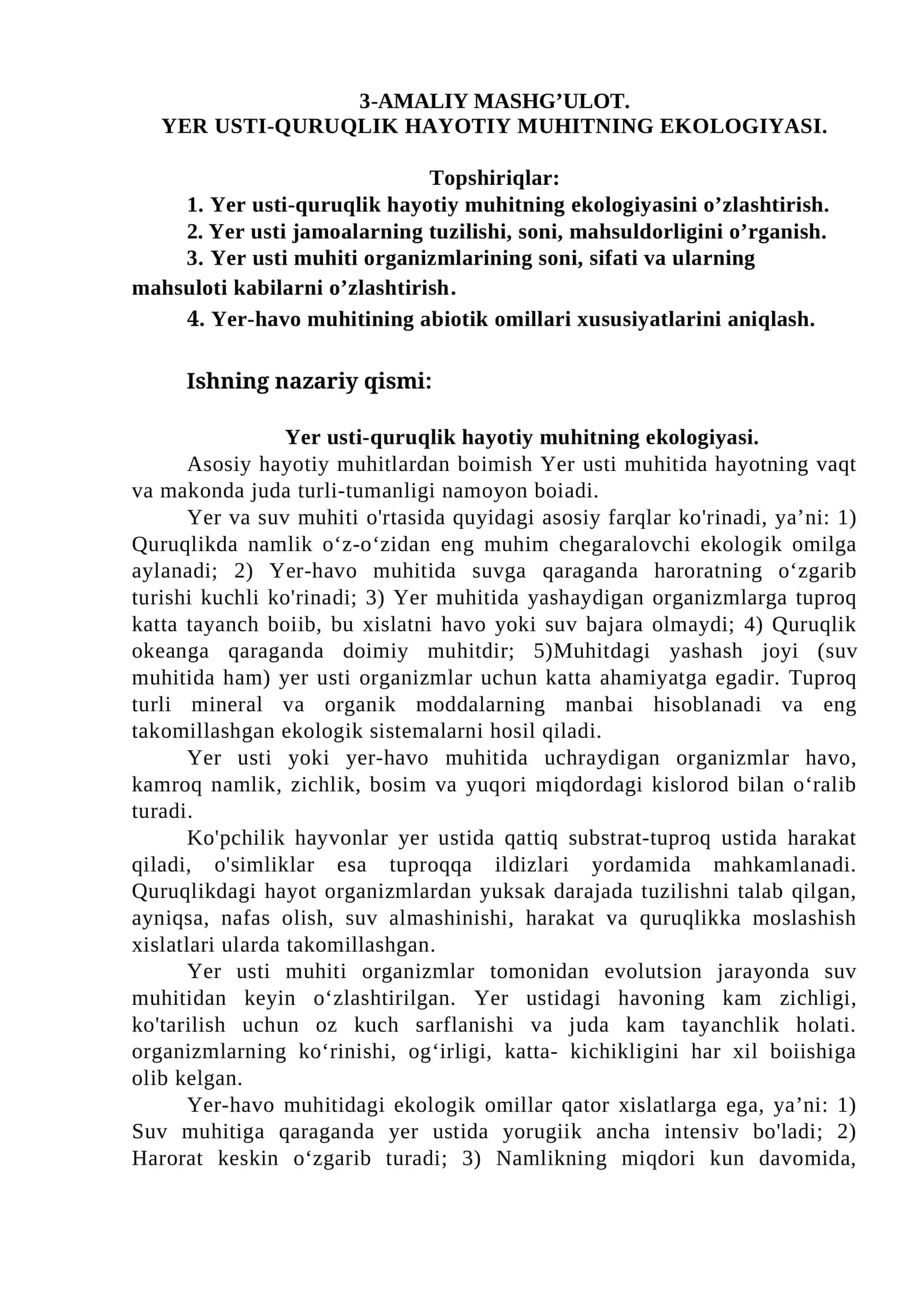 Yer usti-quruqlik hayotiy muhitning ekologiyasi 1