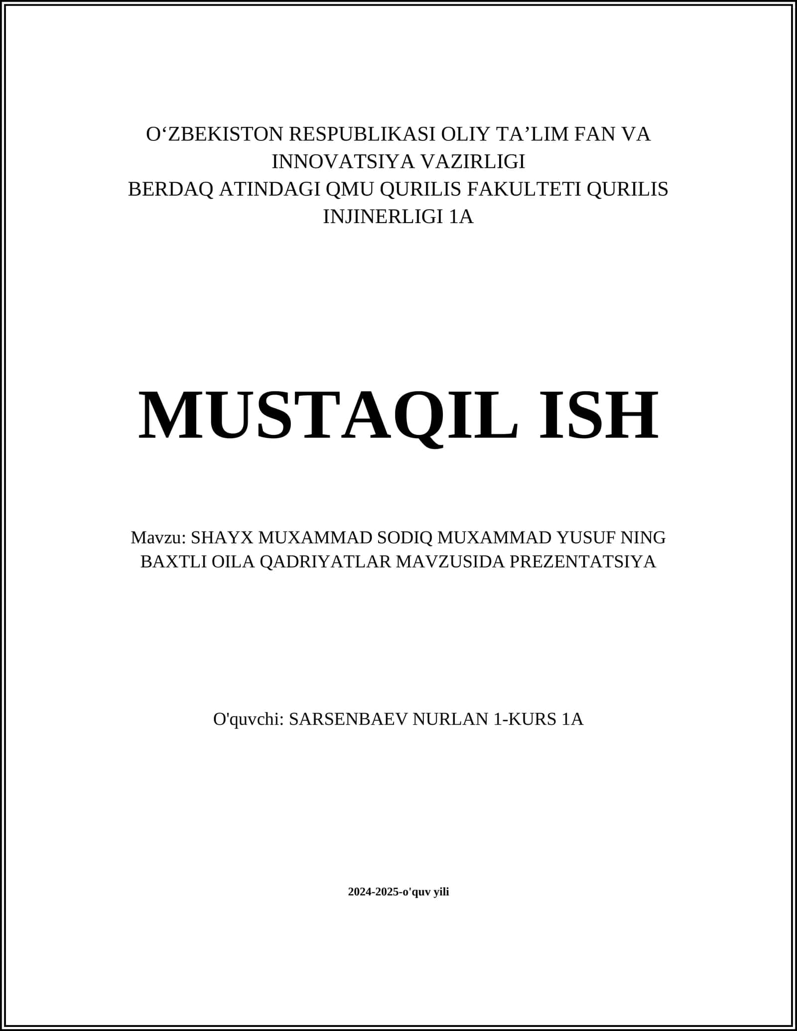 SHAYX MUXAMMAD SODIQ MUXAMMAD YUSUF NING BAXTLI OILA QADRIYATLAR MAVZUSIDA PREZENTATSIYA 1
