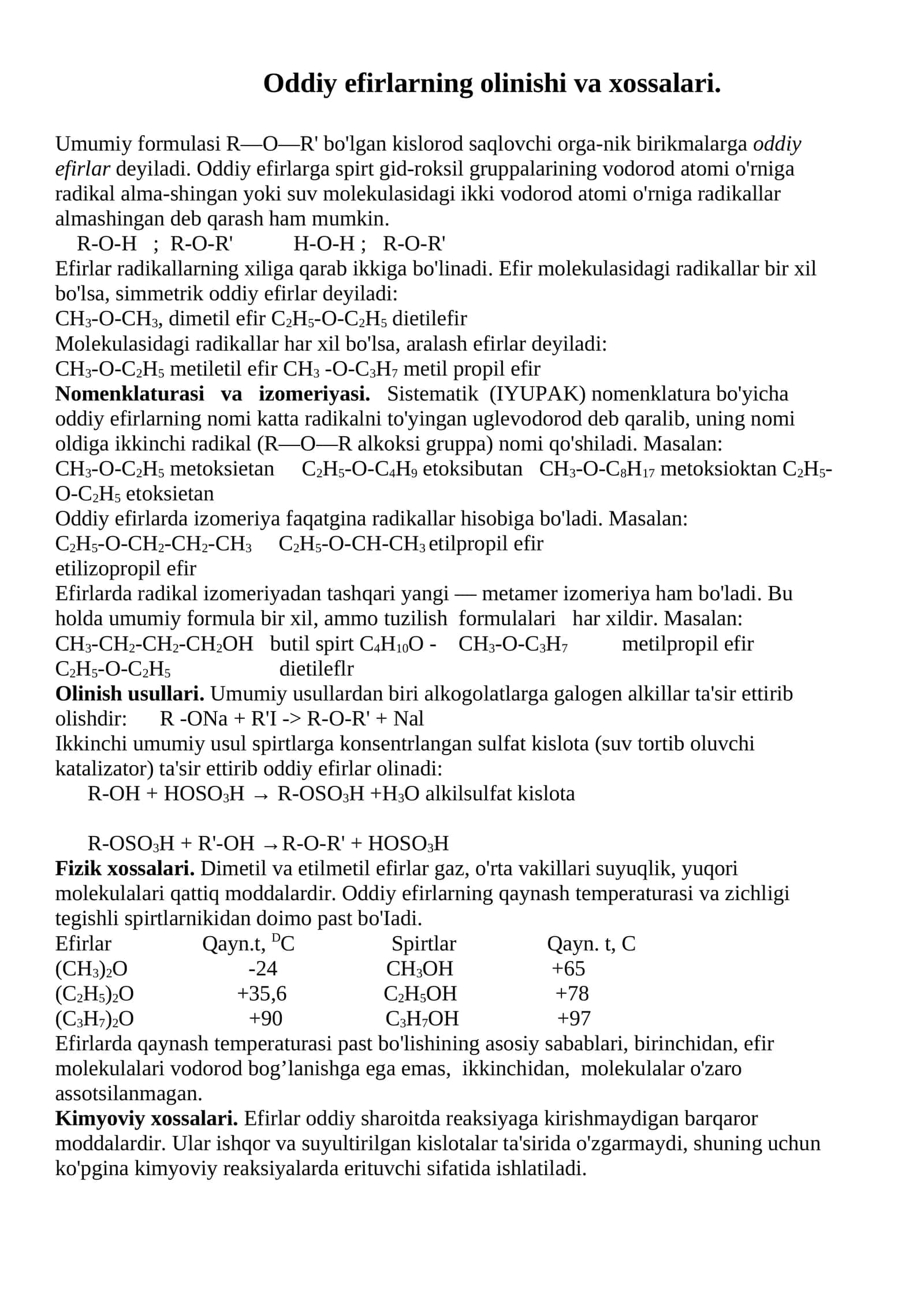 Oddiy efirlarning olinishi va xossalari 1