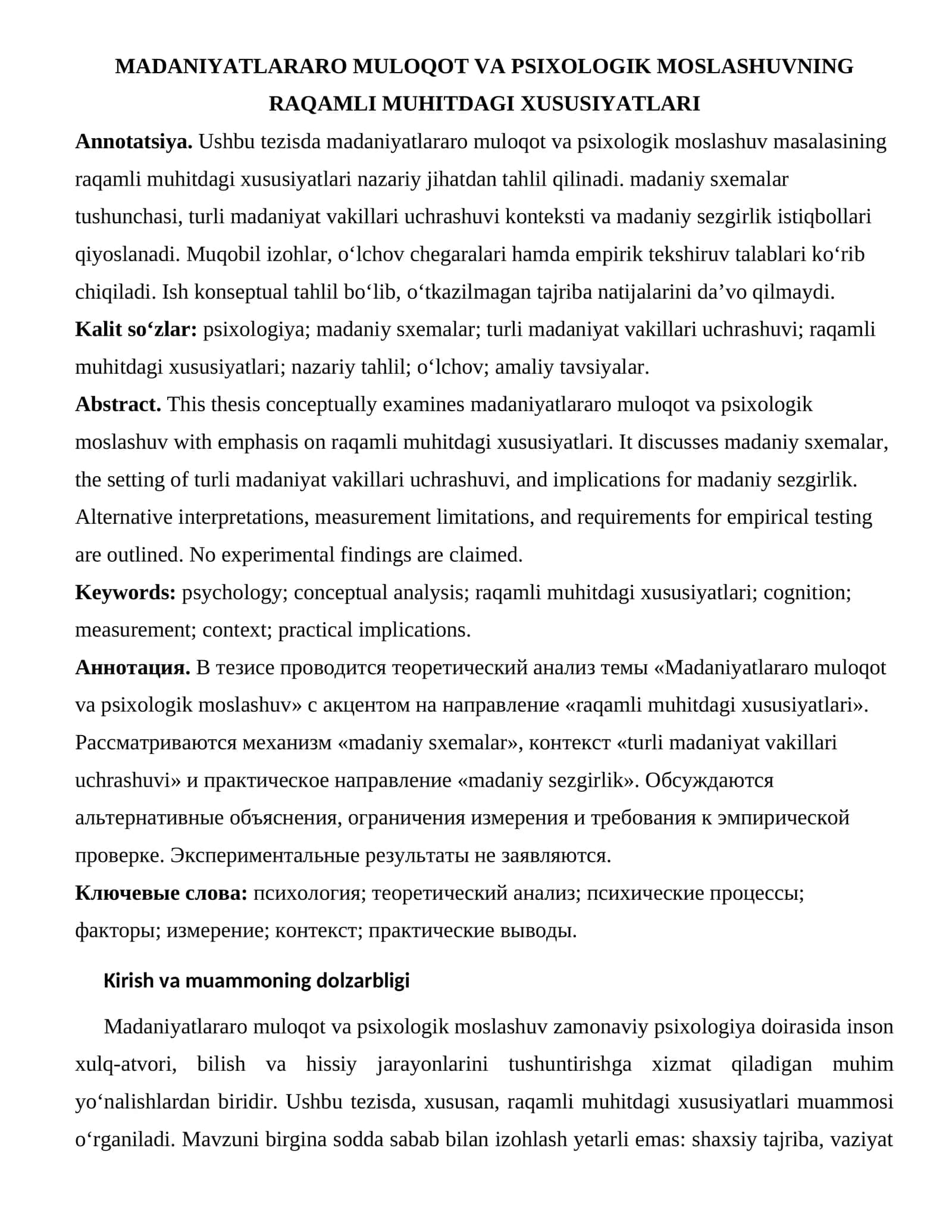 MADANIYATLARARO MULOQOT VA PSIXOLOGIK MOSLASHUVNING RAQAMLI MUHITDAGI XUSUSIYATLARI 1