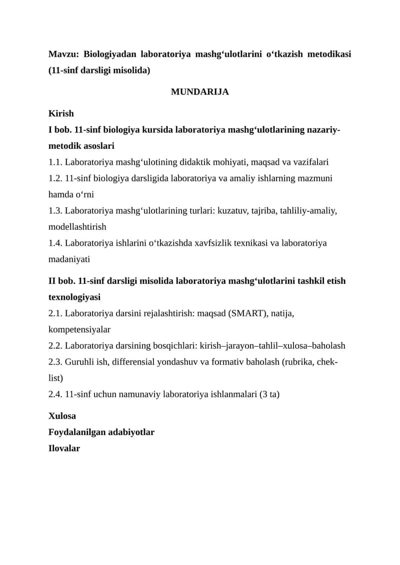 Biologiyadan laboratoriya mashg‘ulotlarini o‘tkazish metodikasi (11-sinf darsligi misolida) 1