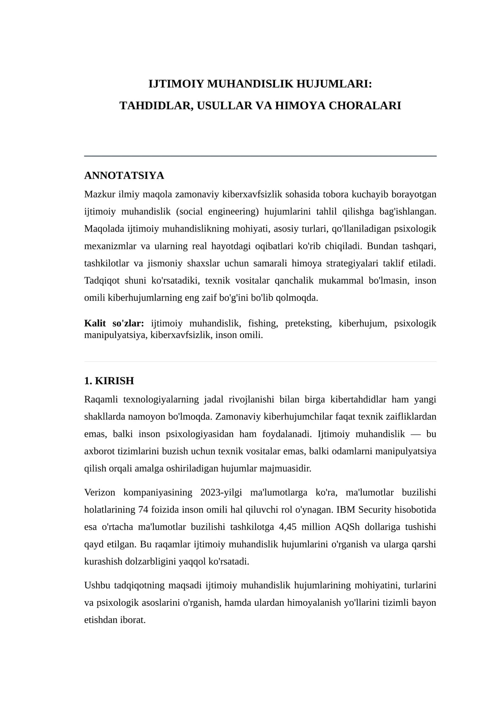 IJTIMOIY MUHANDISLIK HUJUMLARI: TAHDIDLAR, USULLAR VA HIMOYA CHORALARI 1