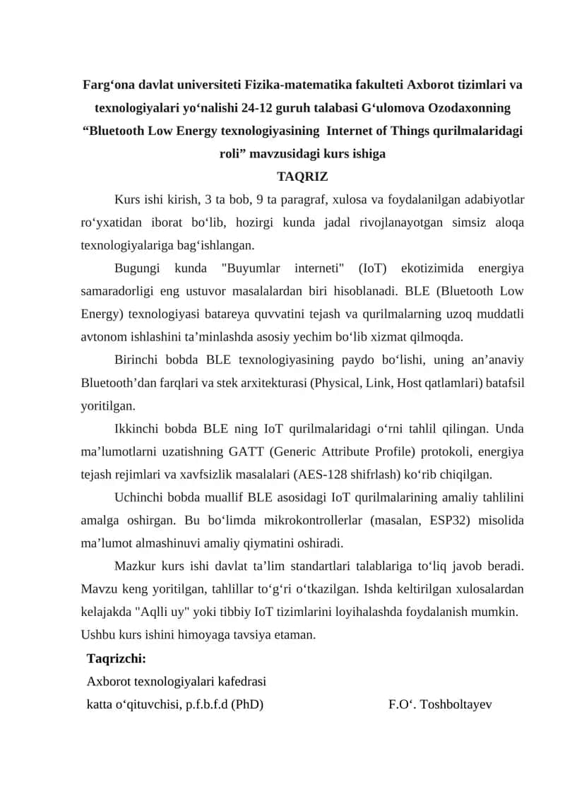 Bluetooth Low Energy texnologiyasining Internet of Things qurilmalaridagi roli 1