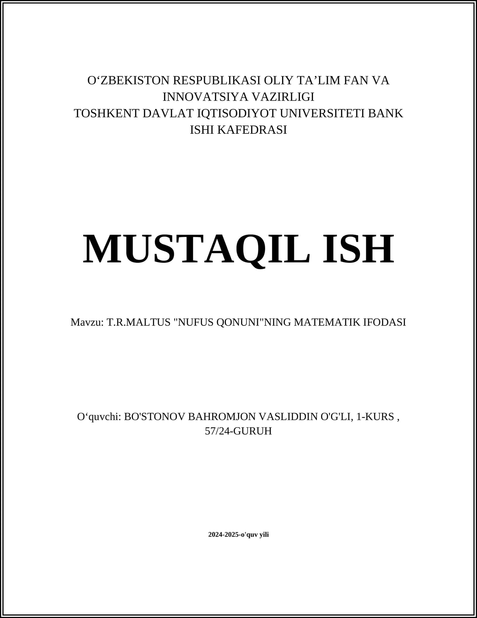T.R.MALTUS "NUFUS QONUNI"NING MATEMATIK IFODASI 1