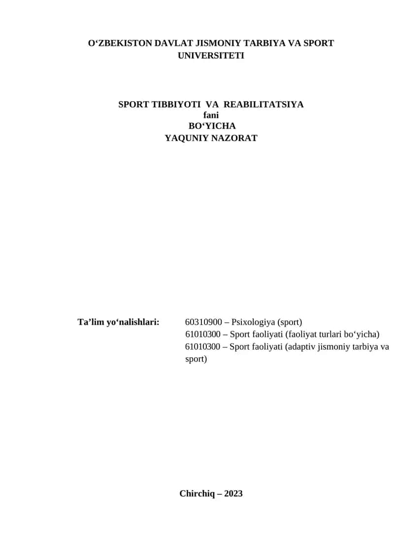 Sport Tibbiyoti va Reabilitatsiya 1
