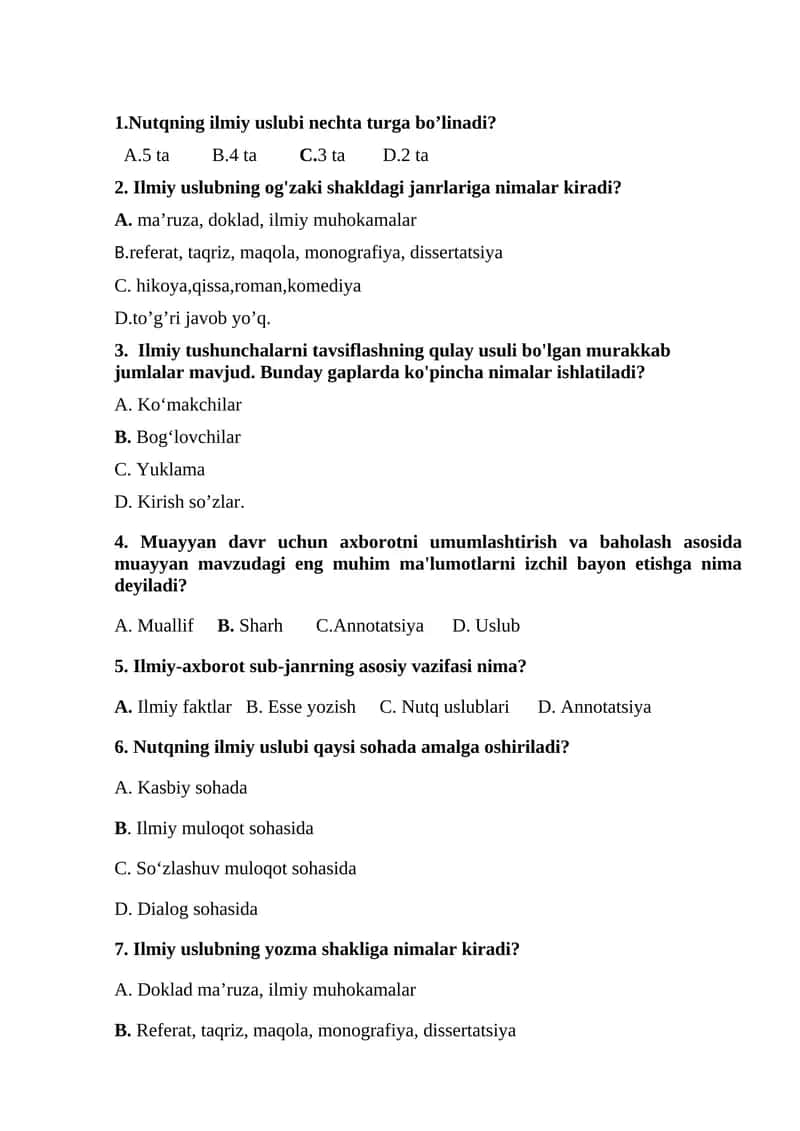 Akademik yozuv fanidan "Ilmiy sharh va kurs ishi. Kurs ishining tuzilishi" mavzusida test savollari (javoblari bilan) 1