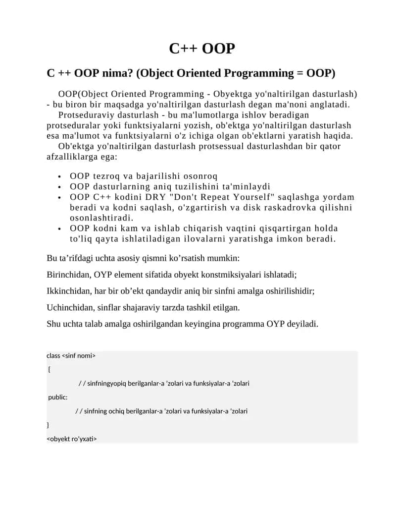 OOP(Object Oriented Programming - Obyektga yo'naltirilgan dasturlash) 1