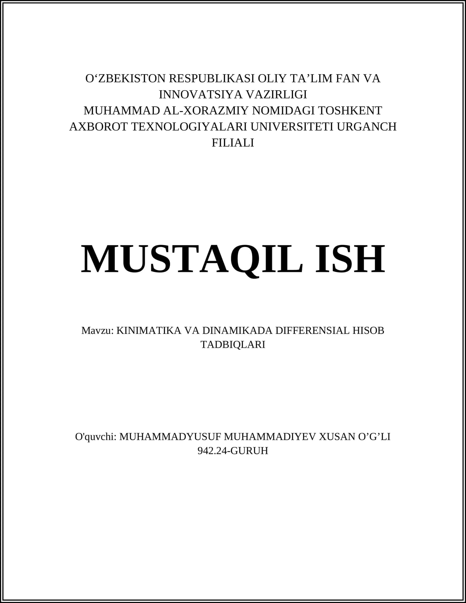 KINIMATIKA VA DINAMIKADA DIFFERENSIAL HISOB TADBIQLARI 1