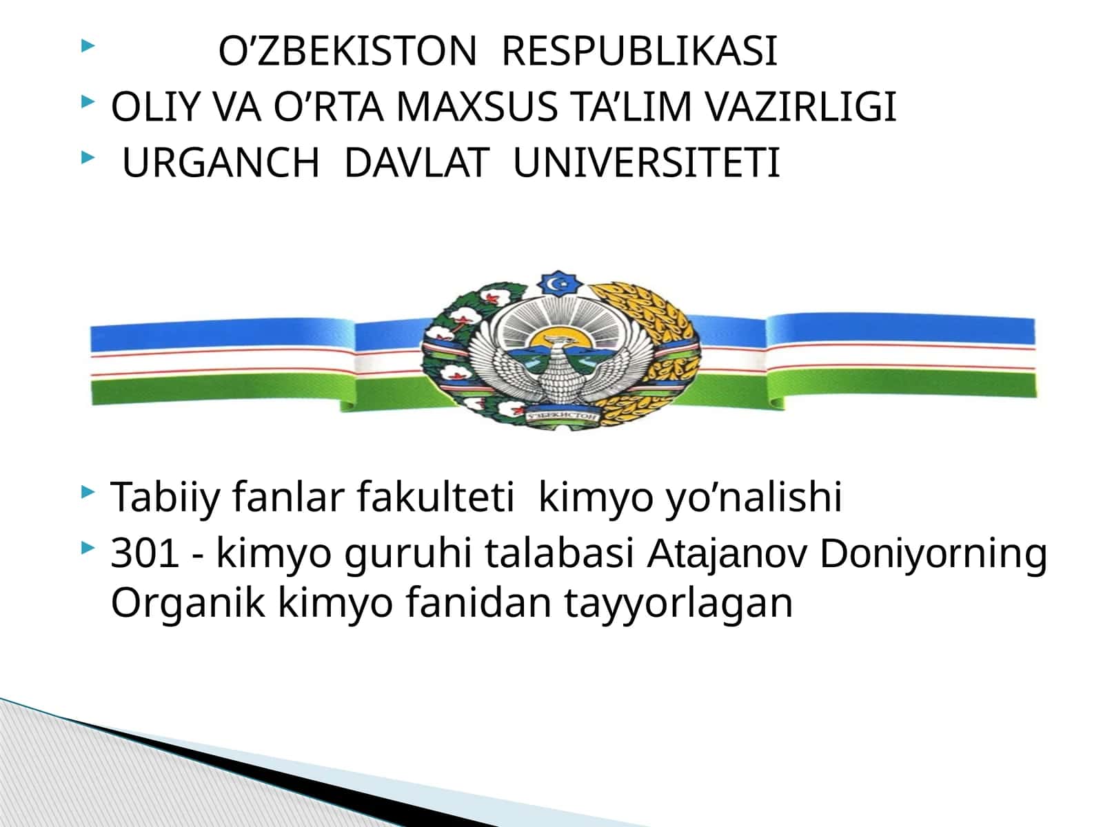 Atajanov Doniyorning Organik kimyo fanidan tayyorlagan 1