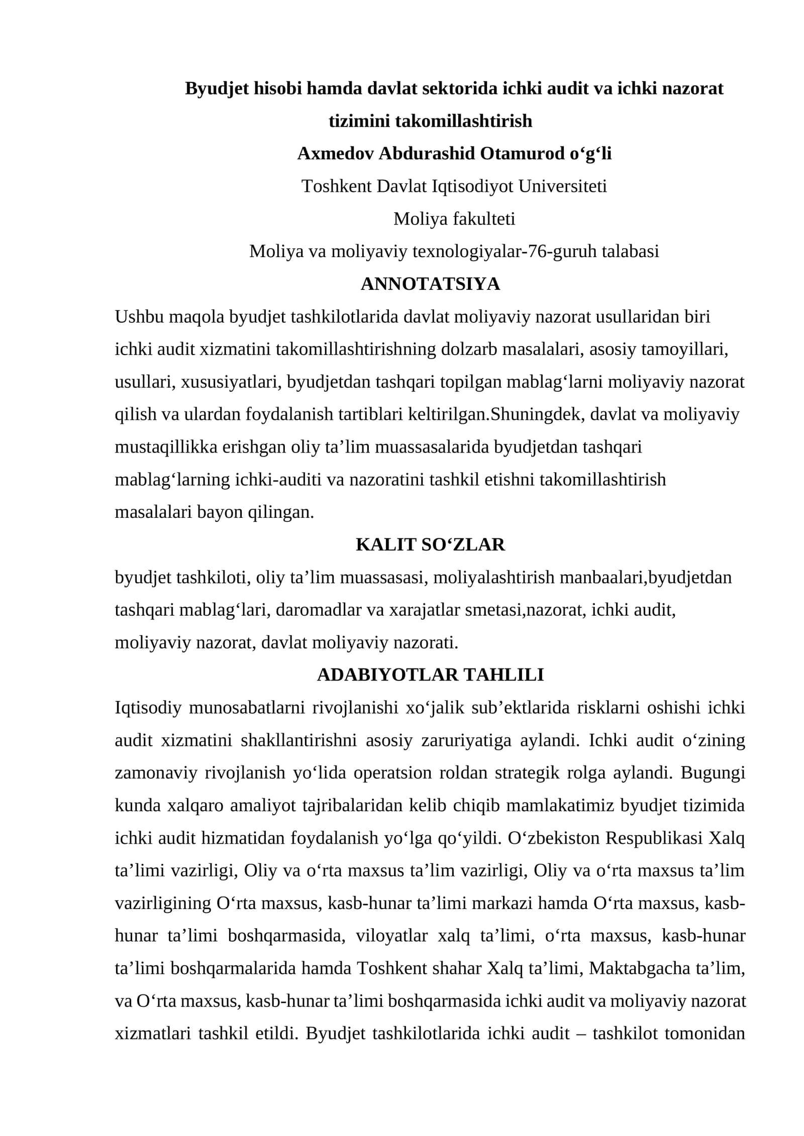 Byudjet hisobi hamda davlat sektorida ichki audit va ichki nazorat tizimini takomillashtirish 1