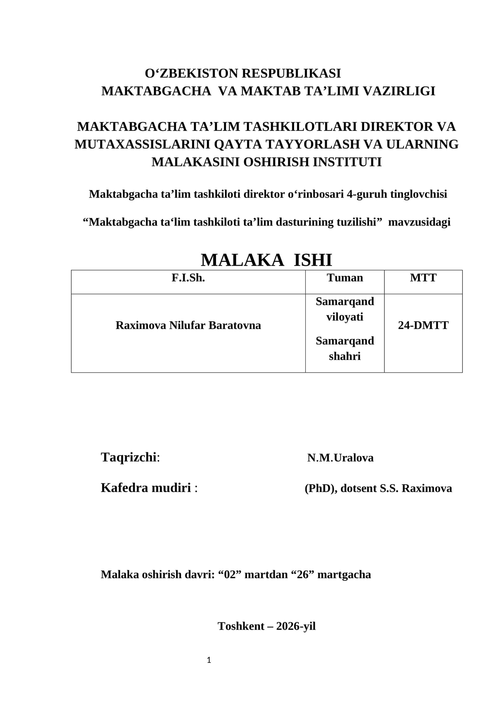 Maktabgacha ta’lim tashkiloti direktor oʻrinbosari 4-guruh tinglovchisi 1