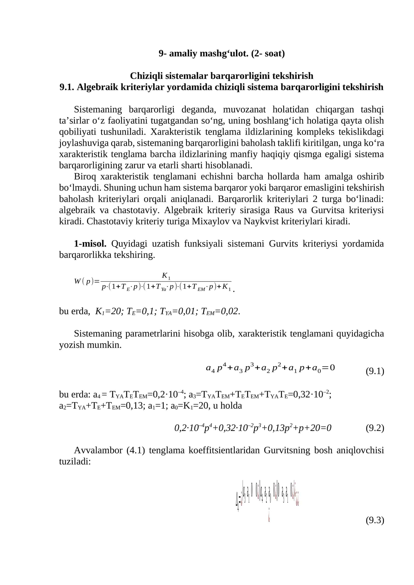 Chiziqli sistemalar barqarorligini tekshirish 1