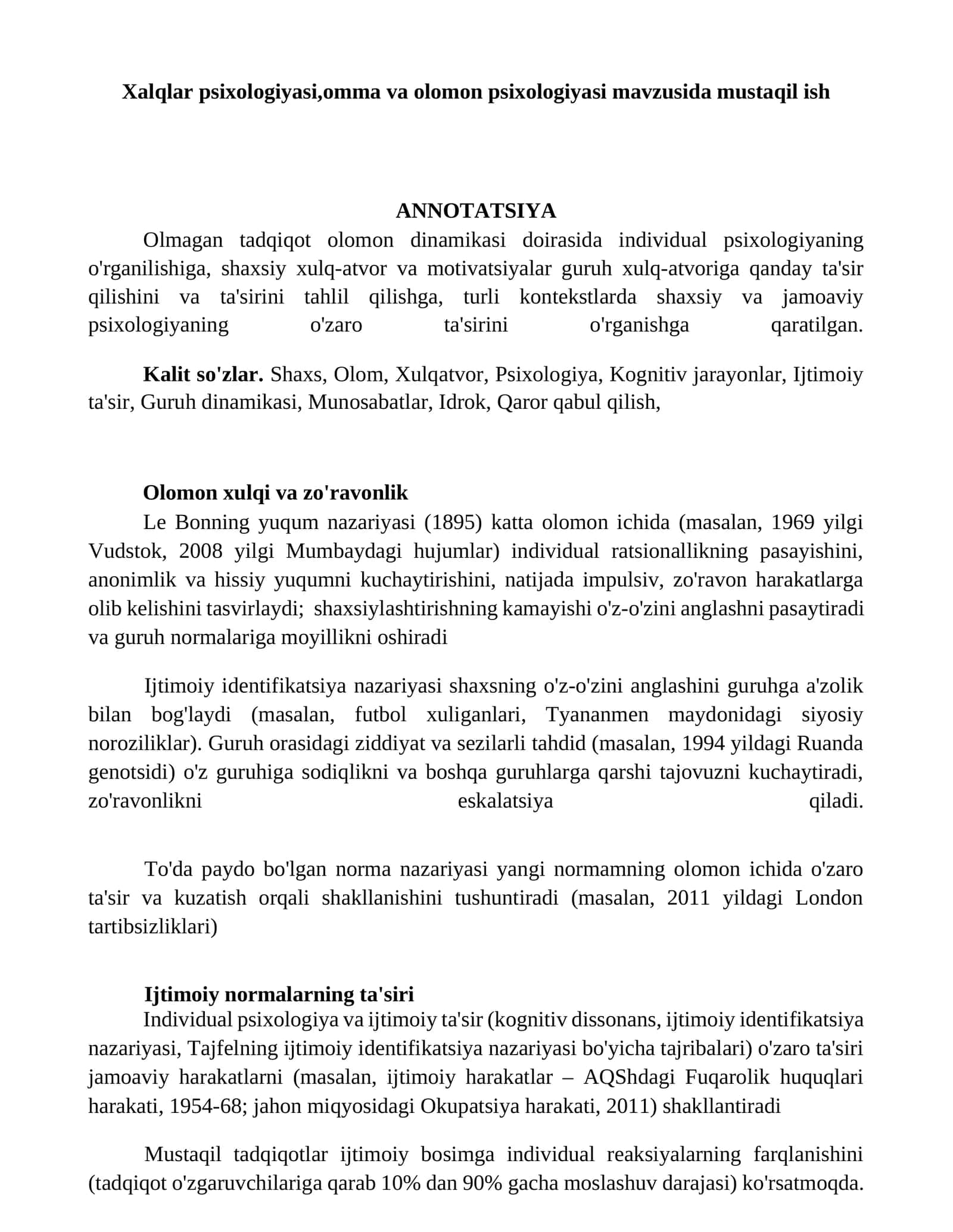 Xalqlar psixologiyasi,omma va olomon psixologiyasi 1