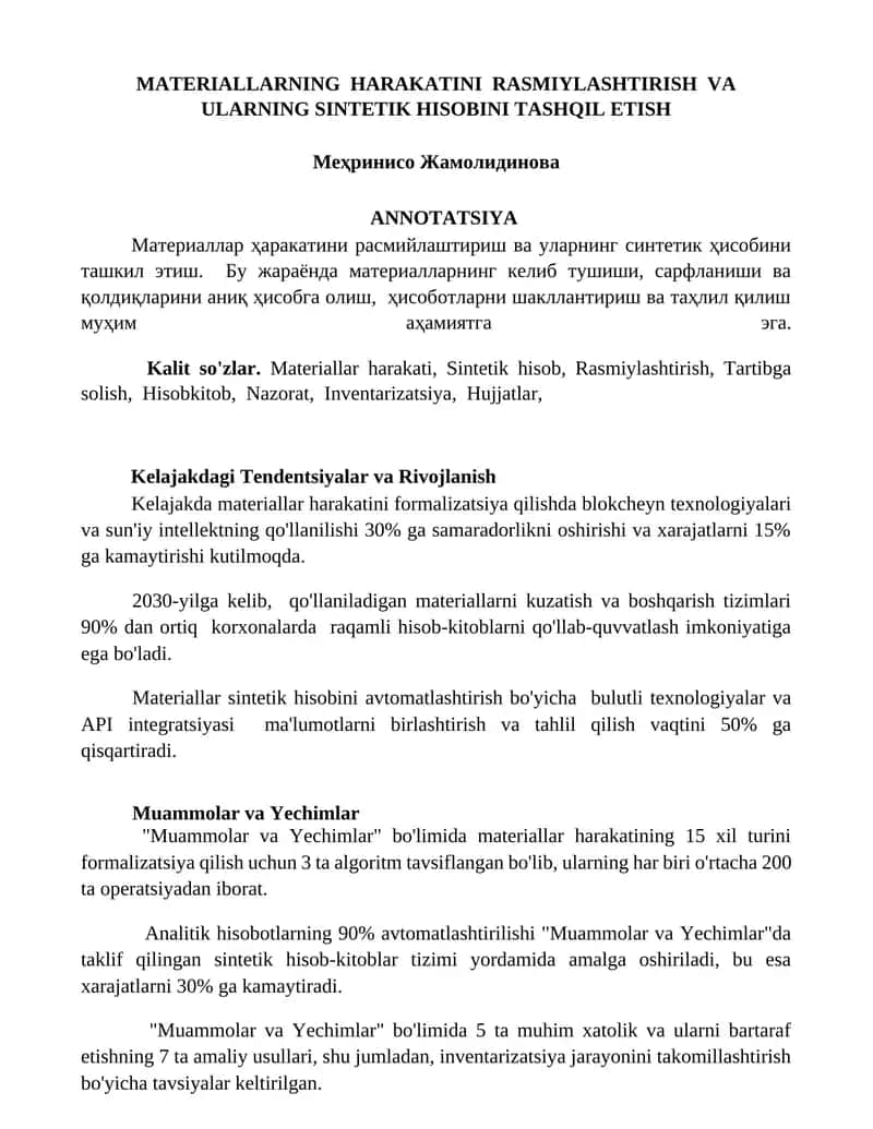 MATERIALLARNING HARAKATINI RASMIYLASHTIRISH VA ULARNING SINTETIK HISOBINI TASHQIL ETISH 1
