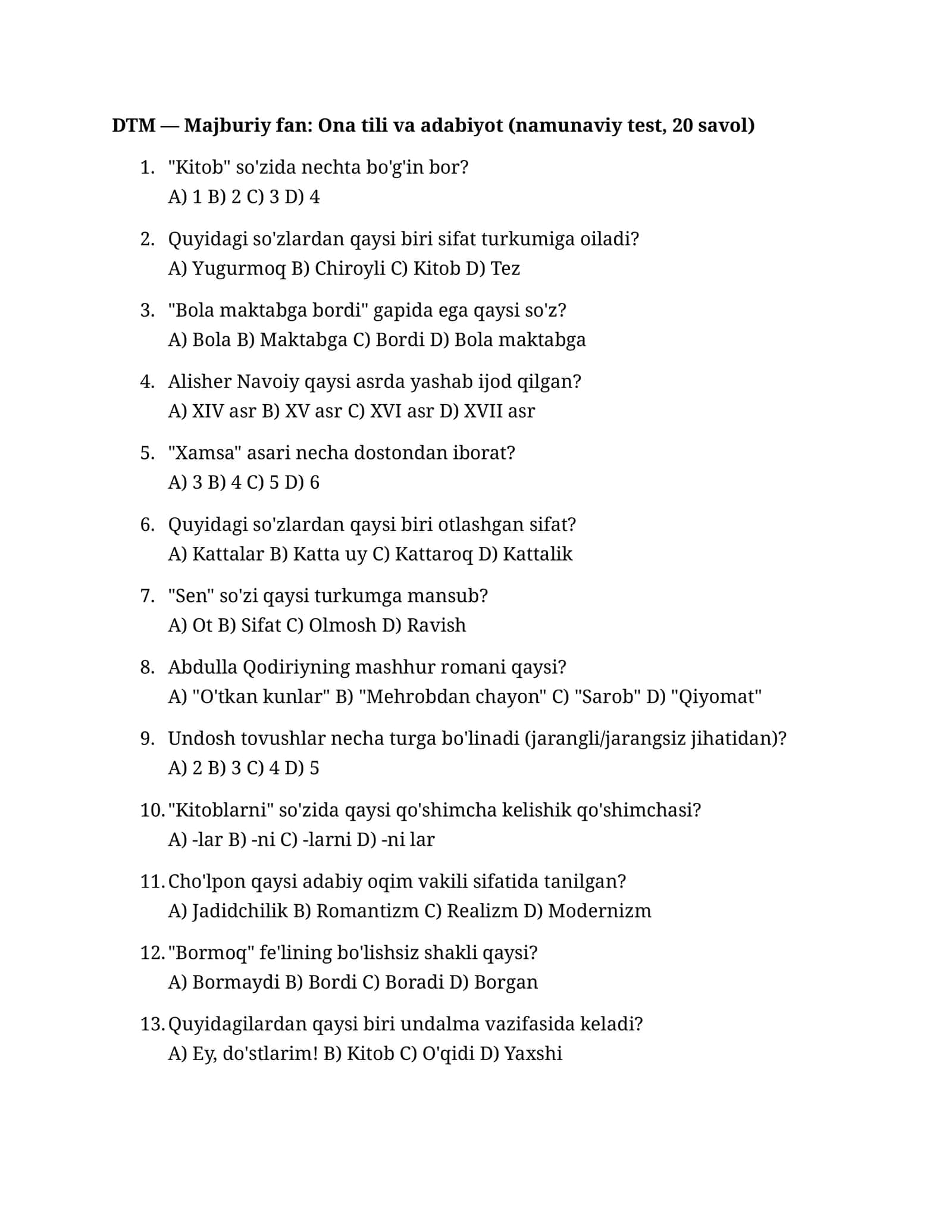Majburiy fan: Ona tili va adabiyot (namunaviy test, 20 savol) 1