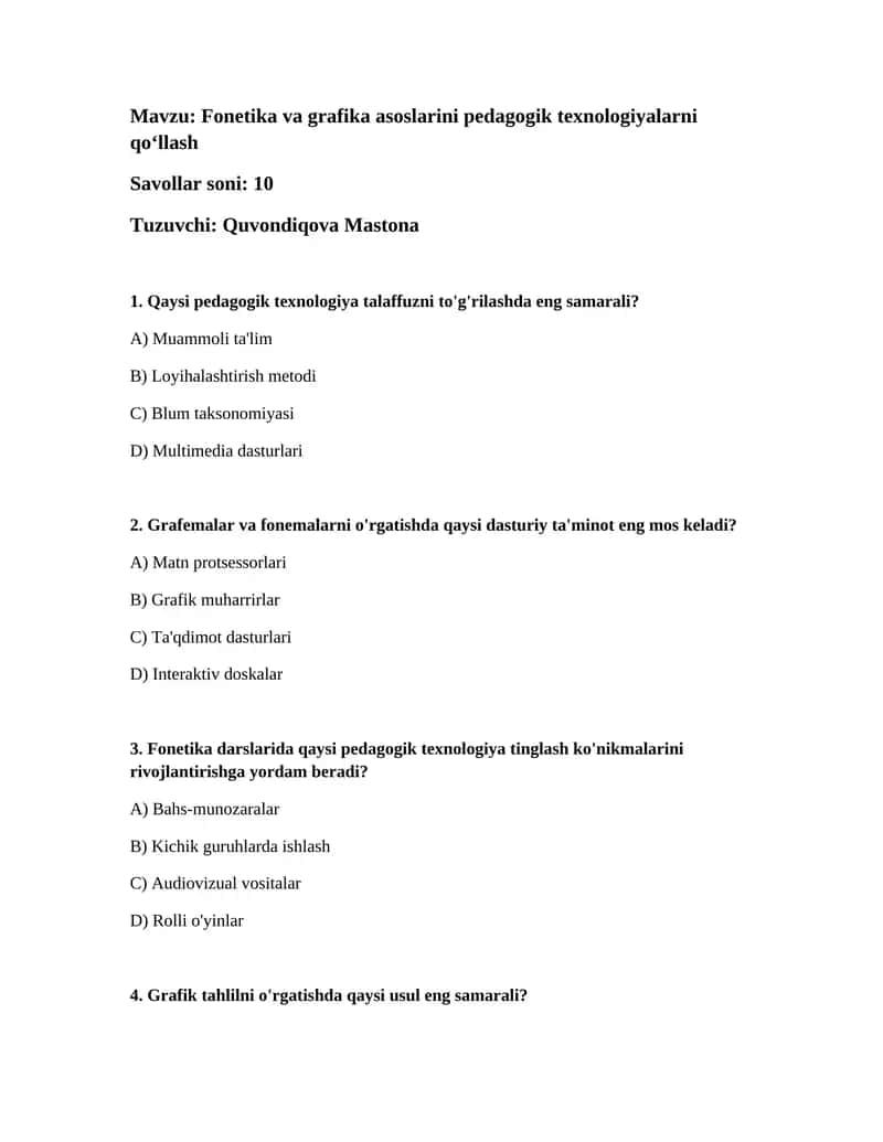 Fonetika va grafika asoslarini pedagogik texnologiyalarni qoʻllash 1