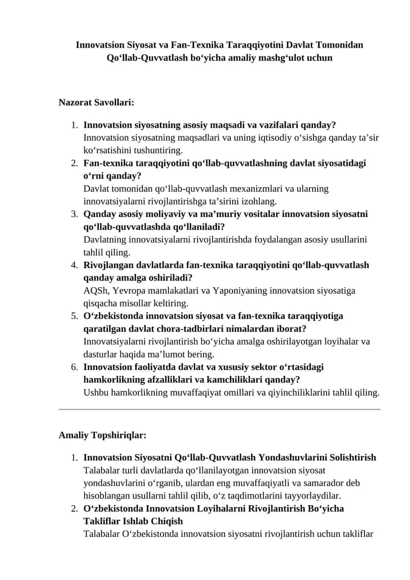 Innovatsion Siyosat va Fan-Texnika Taraqqiyotini Davlat Tomonidan Qo‘llab-Quvvatlash bo‘yicha amaliy mashg‘ulot 1