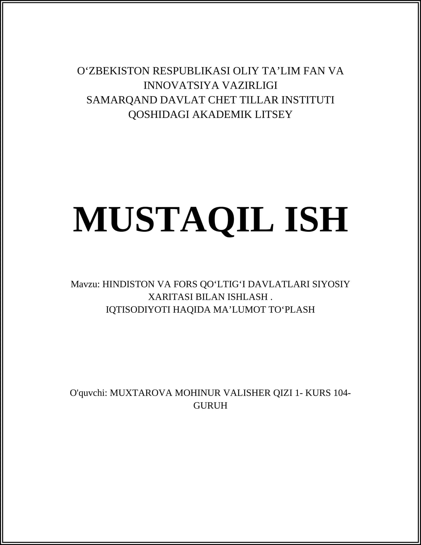 HINDISTON VA FORS QOʻLTIGʻI DAVLATLARI SIYOSIY XARITASI BILAN ISHLASH 1