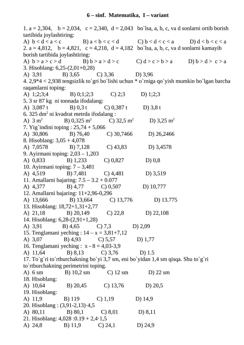 Matematika Sinflarining Test Savollari 1