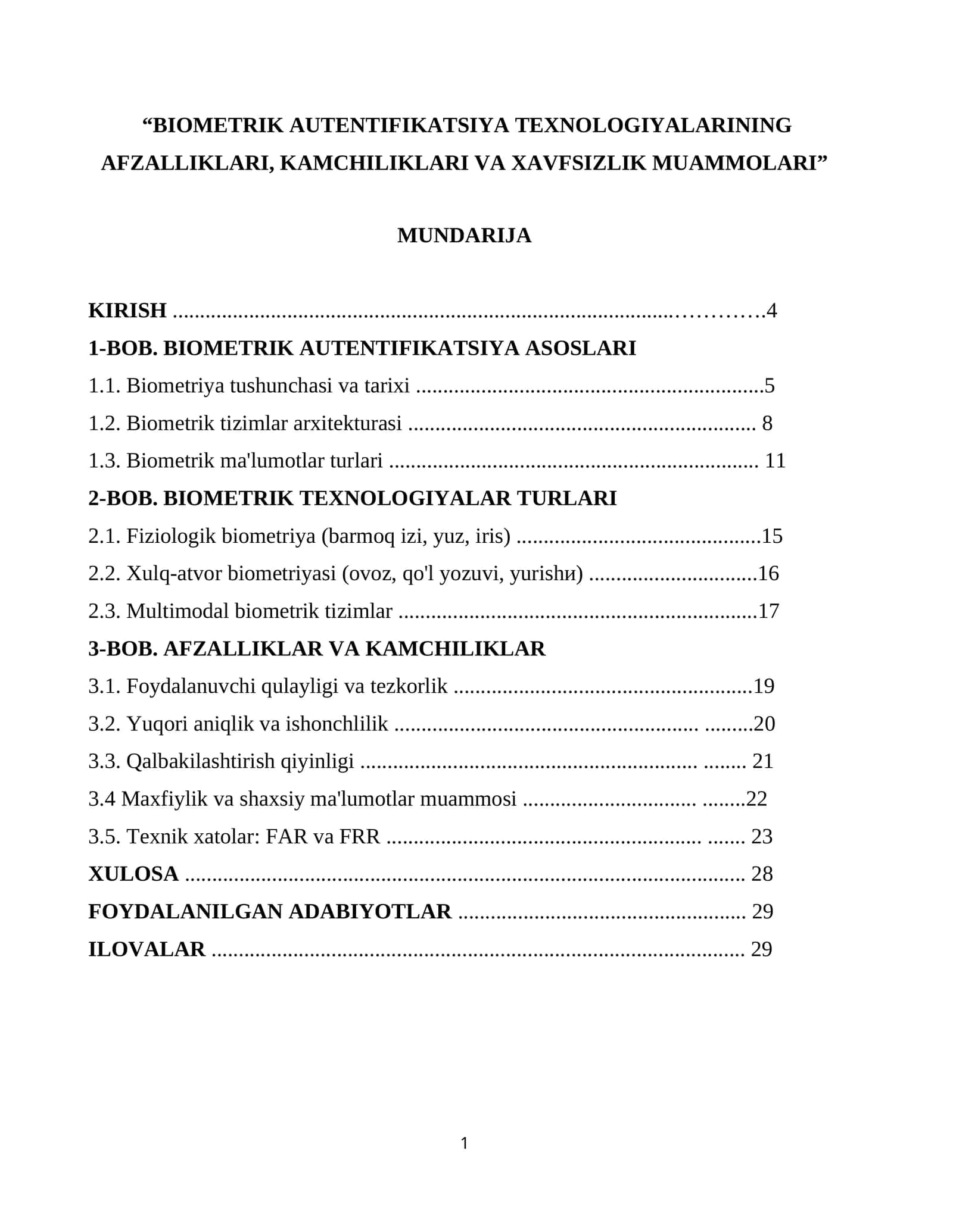 BIOMETRIK AUTENTIFIKATSIYA TEXNOLOGIYALARINING AFZALLIKLARI, KAMCHILIKLARI VA XAVFSIZLIK MUAMMOLARI 1