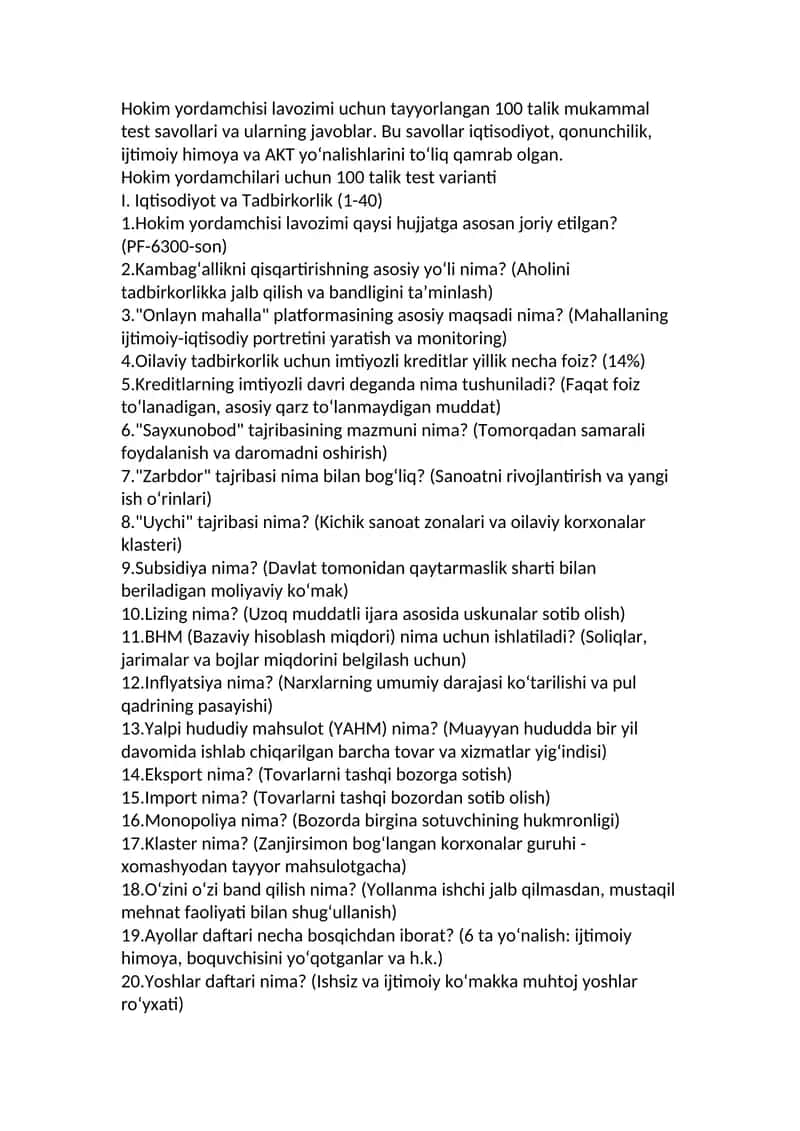 Hokim yordamchisi lavozimi uchun tayyorlangan 100 talik test savollari va ularning javoblar 1