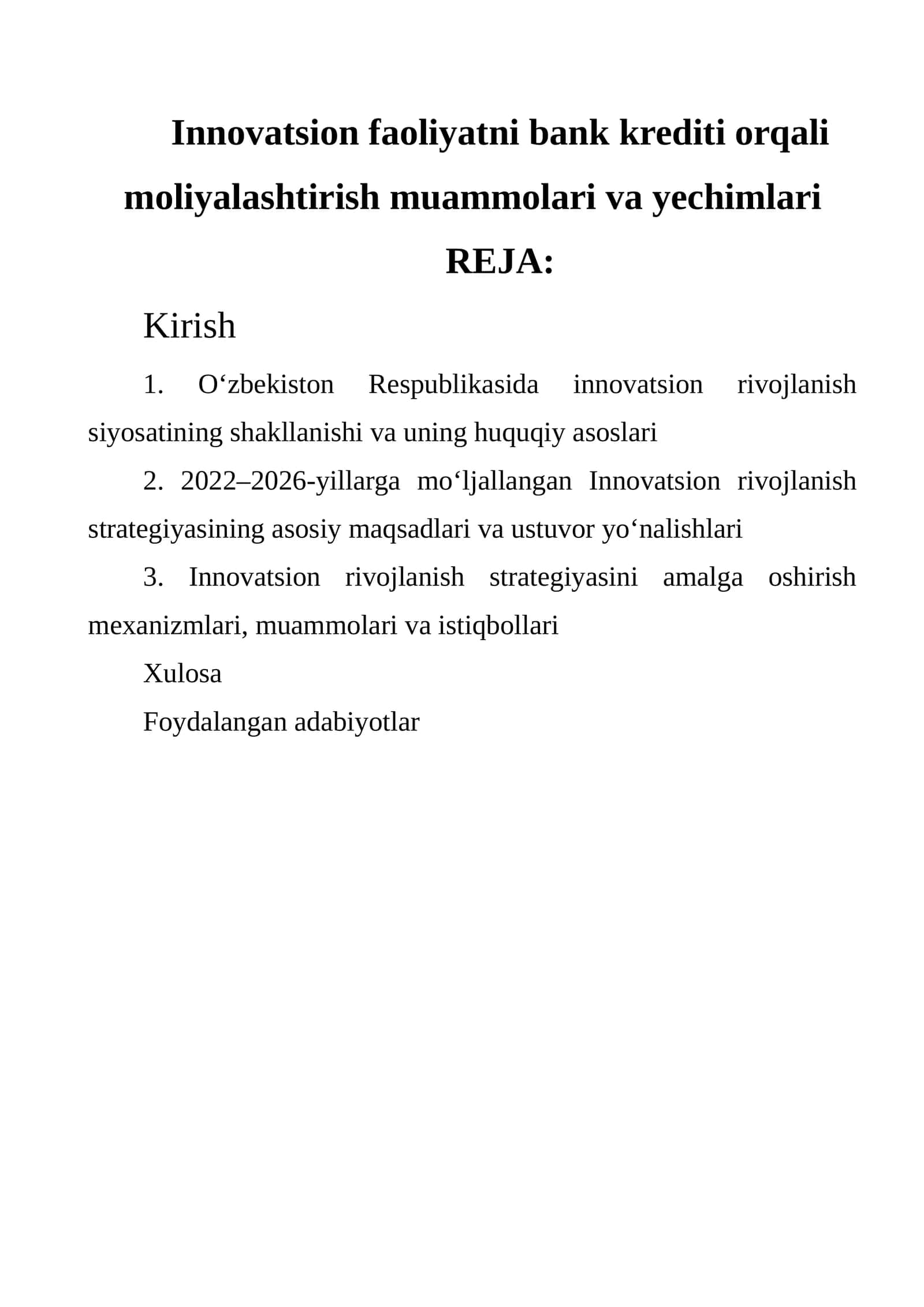 Innovatsion faoliyatni bank krediti orqali moliyalashtirish muammolari va yechimlari 1