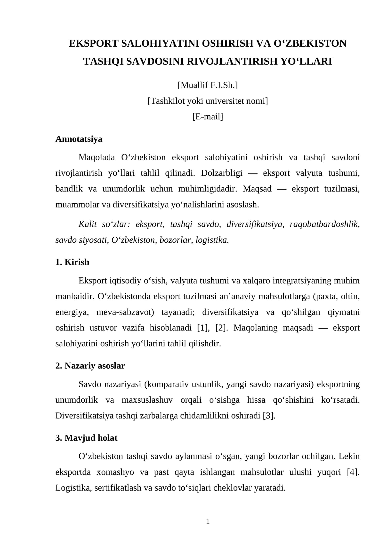 EKSPORT SALOHIYATINI OSHIRISH VA O‘ZBEKISTON TASHQI SAVDOSINI RIVOJLANTIRISH YO‘LLARI 1
