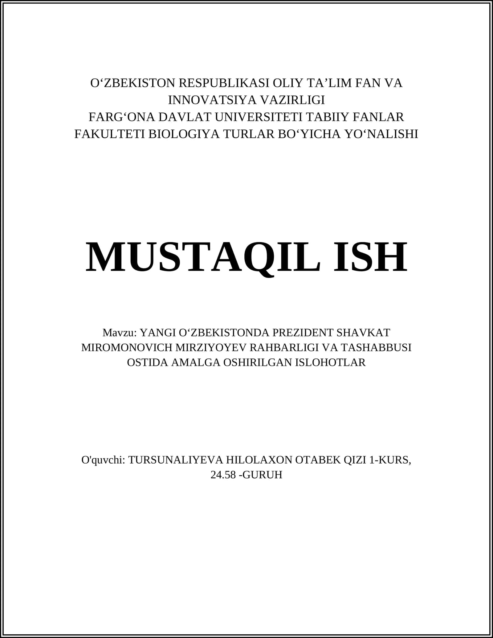 YANGI OʻZBEKISTONDA PREZIDENT SHAVKAT MIROMONOVICH MIRZIYOYEV RAHBARLIGI VA TASHABBUSI OSTIDA AMALGA OSHIRILGAN ISLOHOTLAR 1
