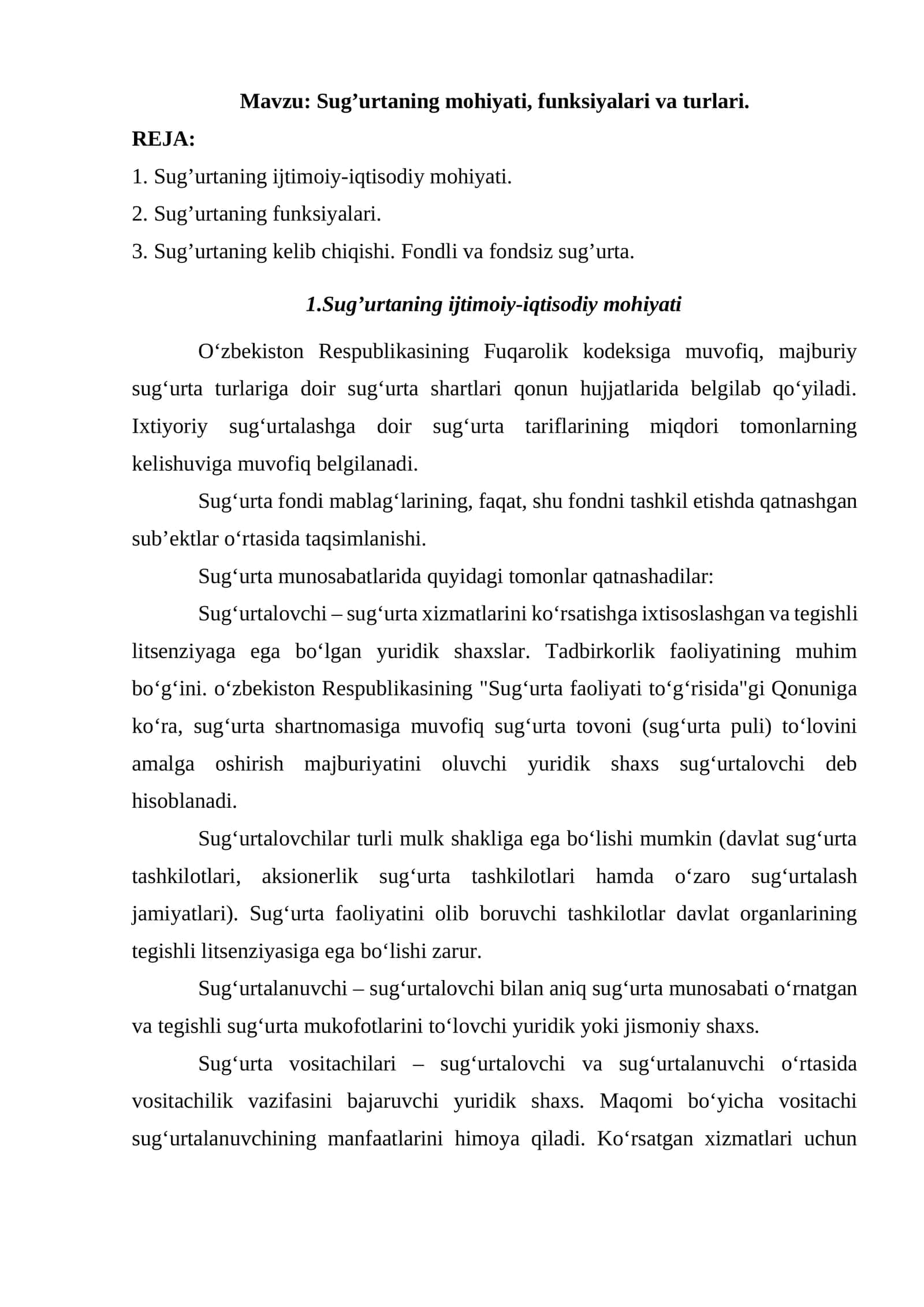 Sug’urtaning mohiyati, funksiyalari va turlari 1