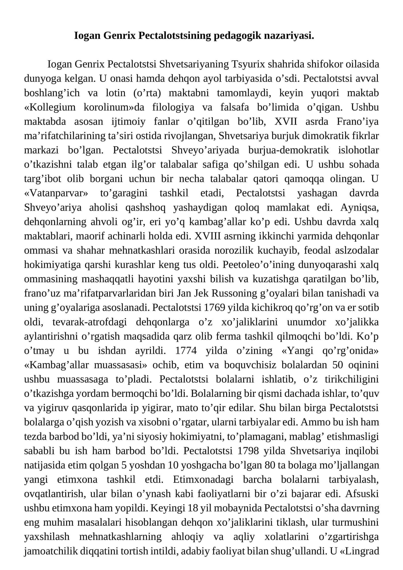 Iogan Genrix Pectalotstsining pedagogik nazariyasi 1