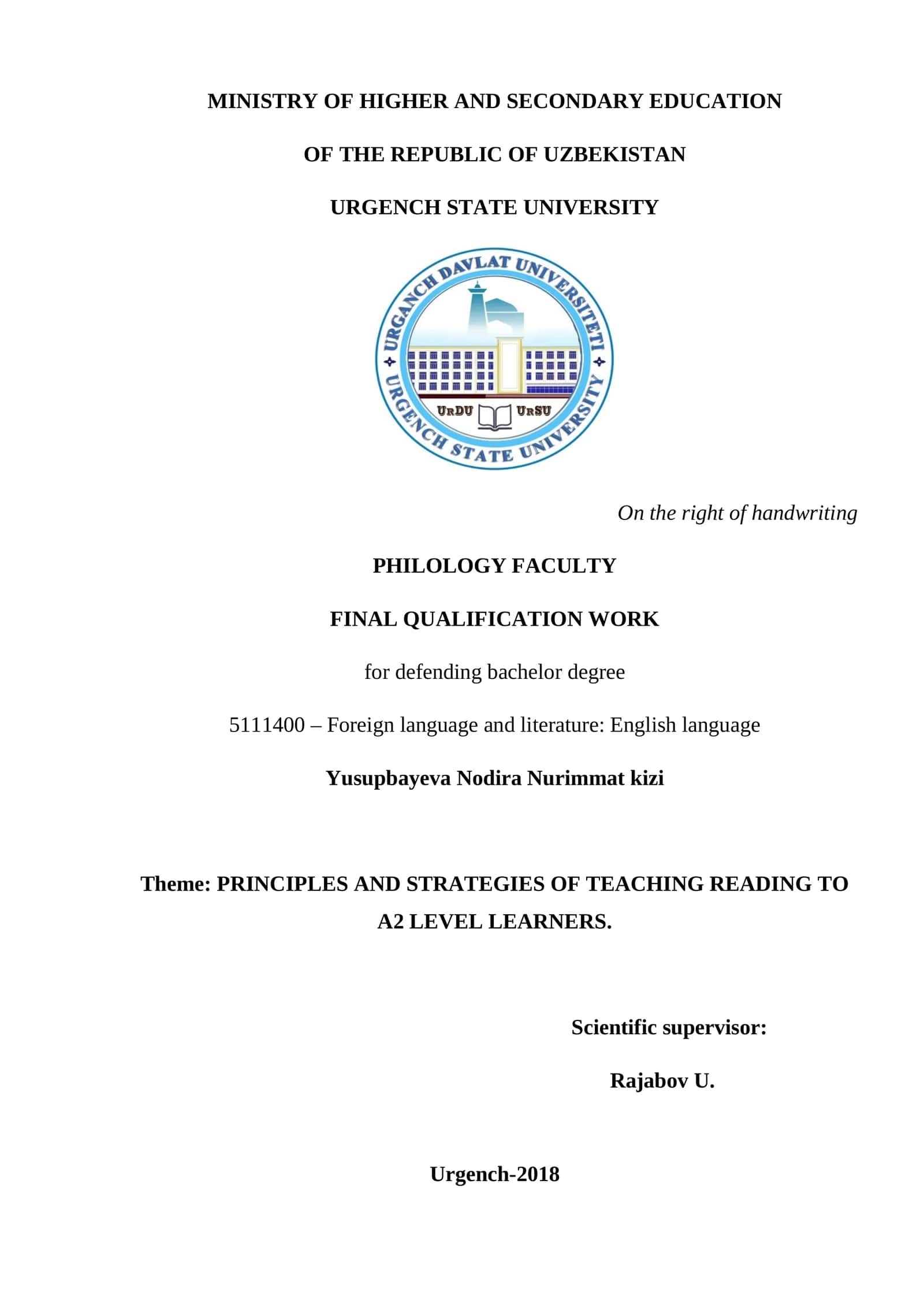 PRINCIPLES AND STRATEGIES OF TEACHING READING TO A2 LEVEL LEARNERS 1